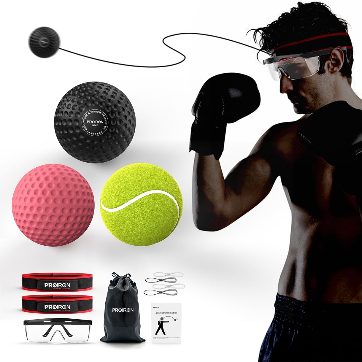 PROIRON Boxing Reflex Ball with Safety Glasses, 4 Difficulty Levels Boxing Ball with 2 Adjustable Headband, Boxing Head ball for Punch Speed, Gifts for Teenage Boys