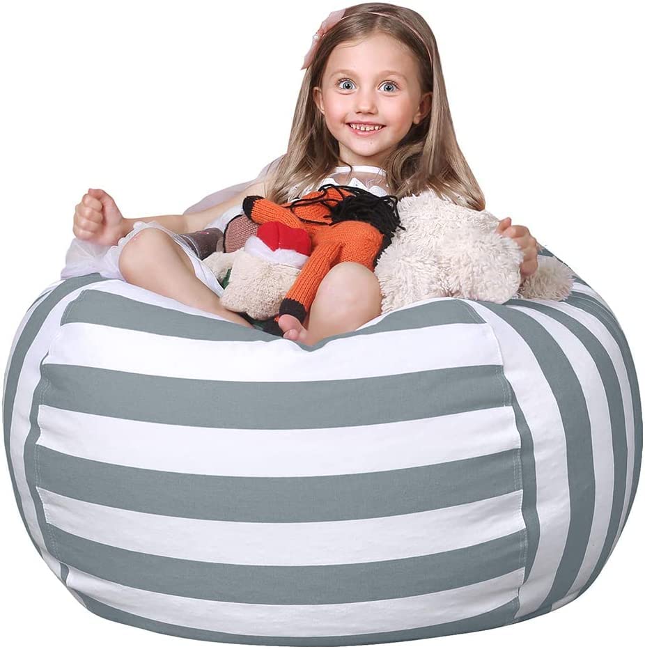 jaffiustStuffed Animal Storage Bean Bag Chair for Kids, Zipper Storage Bean Bag for Organizing Stuffed Animals, Stripe Bean Bag Chair Cover,Model B, striped gray, 38 by 38 inches