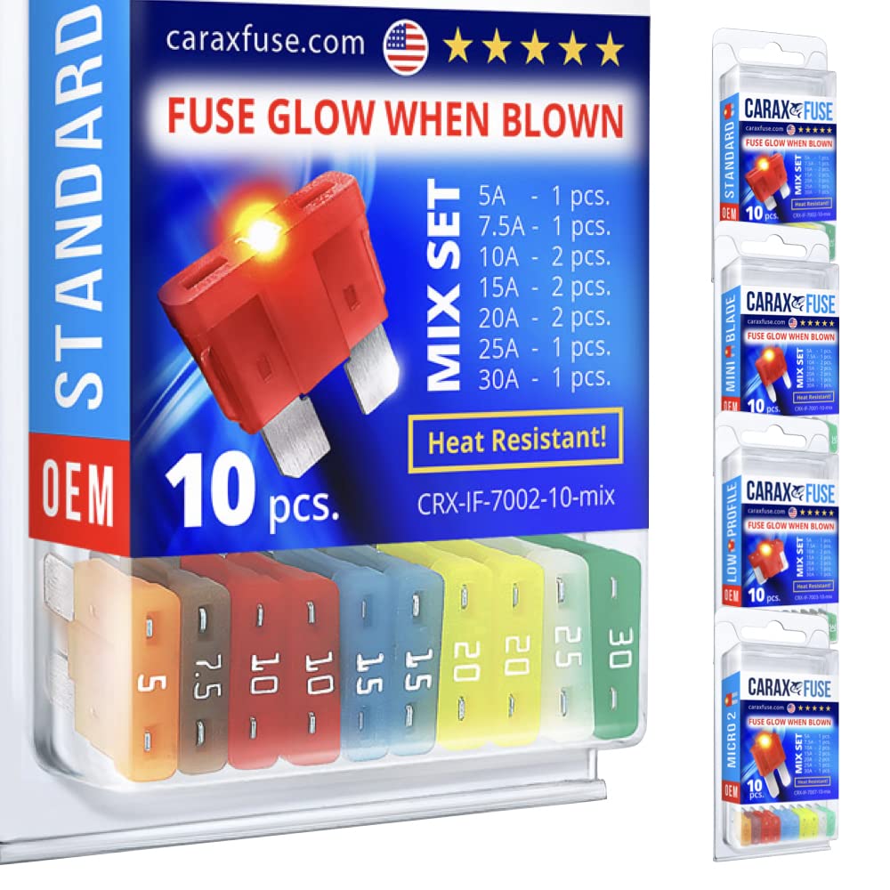 CARAX Glow Fuse – Premium Fuse Standard/Regular Blade ATC/ATO/ATS – 10 pcs. Assortment Kit – Glow When Blown LED Automotive Fuse – Smart Auto Glow Fuse Easy Identification – Mix 10 pcs.