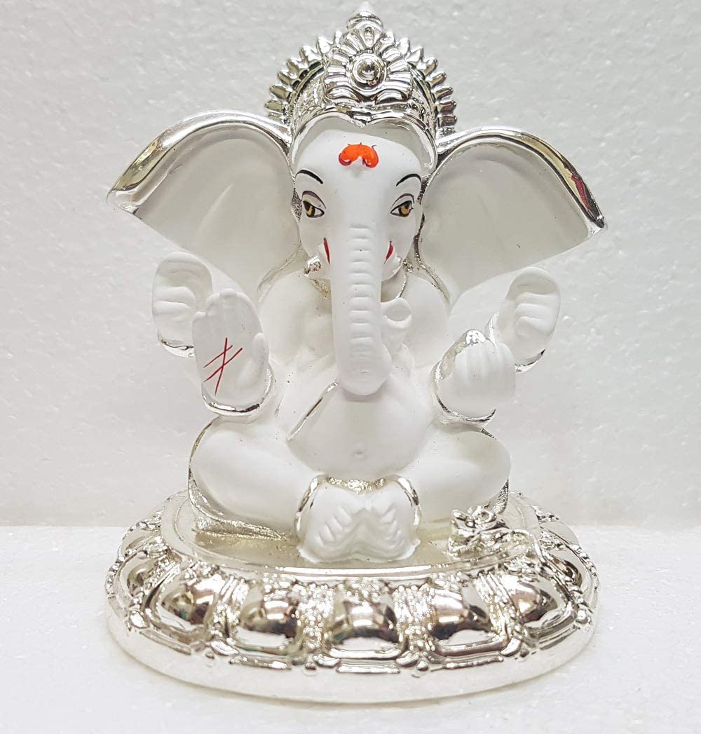 Ganesha Ceramic Idol 8 X 7 X 7 cm with Aasaan Ganpati Bappa Silver and White Terracotta For Home Temple Pooja Ganesh Chaturthi