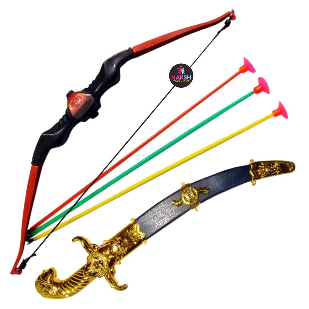 naksh toys and gift - kings sword toy + shoot bow with 3 arrows; weapon set toy for kids; talwar and dhanush baan for fancy dress (Plastic,Multi color; medium) pack of 2