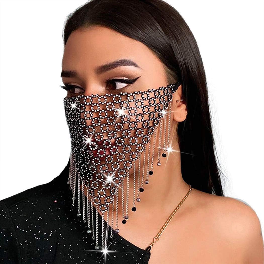 Excefore Sparkly Crystal Metal Mesh Mask, Black Tassel Beads Chain Masks Festival Rave Masquerade Mask Jewelry for Women