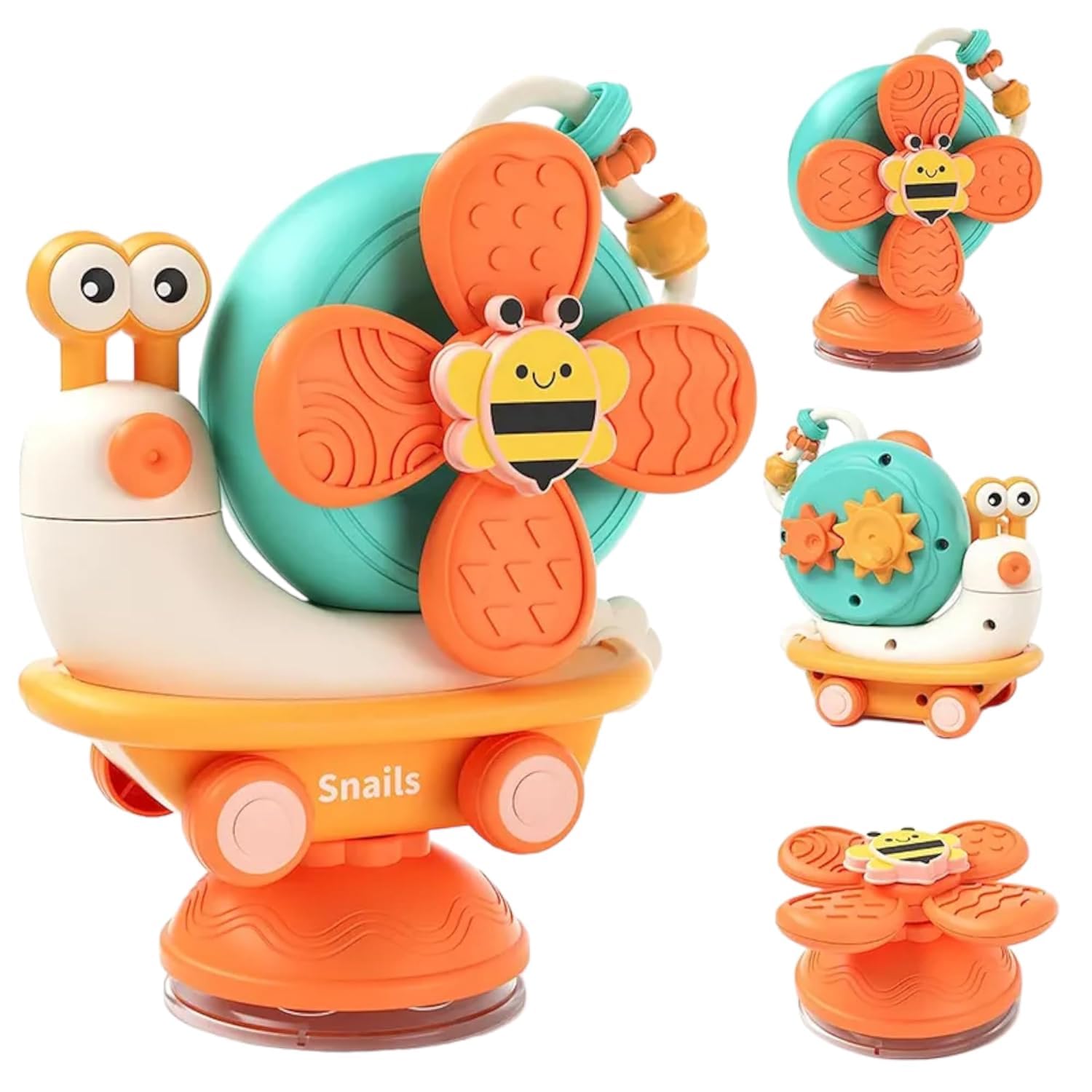 Sim and Sam's High Chair Toy with Suction Cups - Snail Windmill Spinner Baby Toy - Convertible Push-and-Go Car - Montessori Sensory Development Toy (Orange)