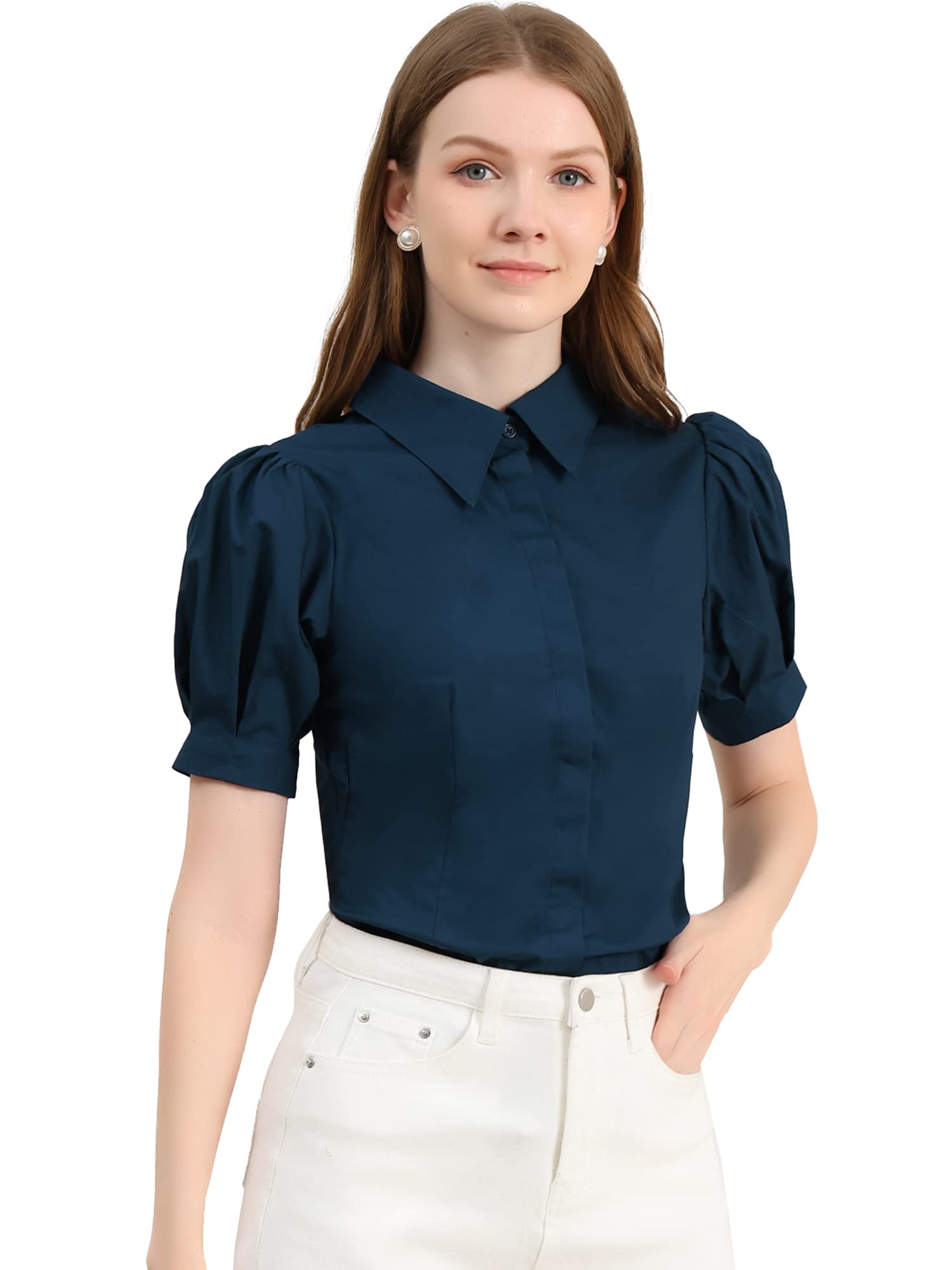 Allegra KWomen's Work Office Button Down Shirt Puff Sleeve Collared Short Sleeve Fashion Top