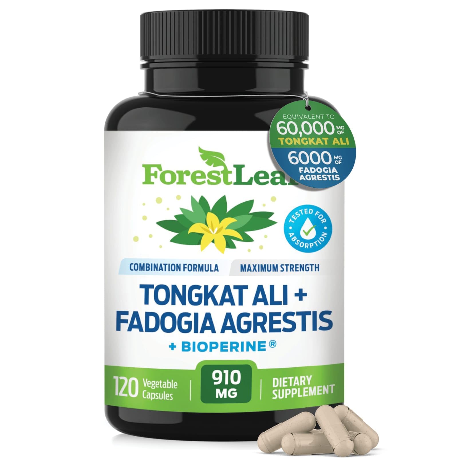 ForestLeaf Tongkat Ali + Fadogia Agrestis Supplement with BioPerine - Maximum Strength 200:1 Extract - 300g Longjack Tongkat Ali for Men or Women - Test, Muscle and Strength Support - 120 Capsules