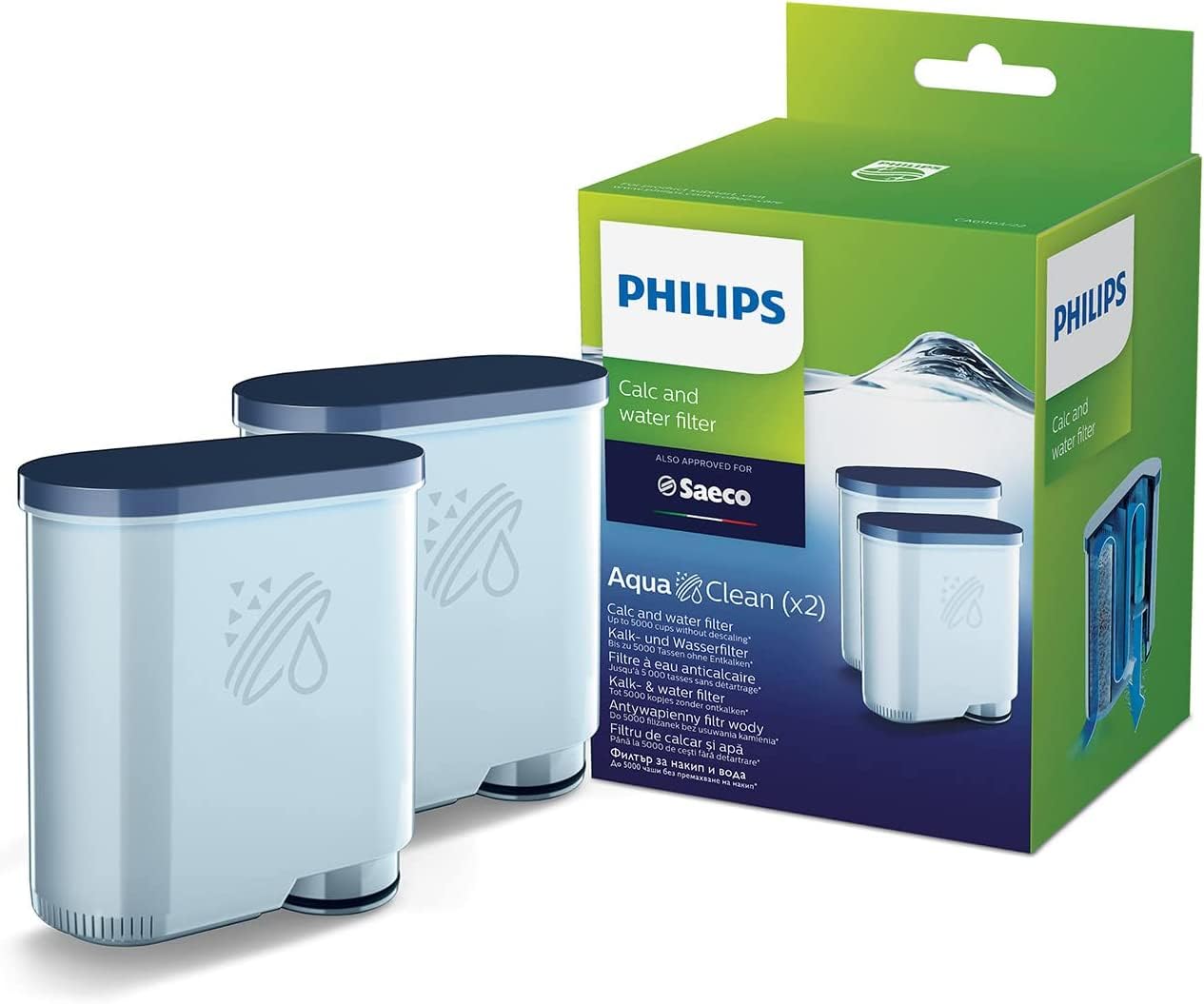 PHILIPSAquaClean Original Calc and Water Filter, No Descaling up to 5,000 cups, Reduces Formation of Limescale, 2 AquaClean Filters, (CA6903/22)