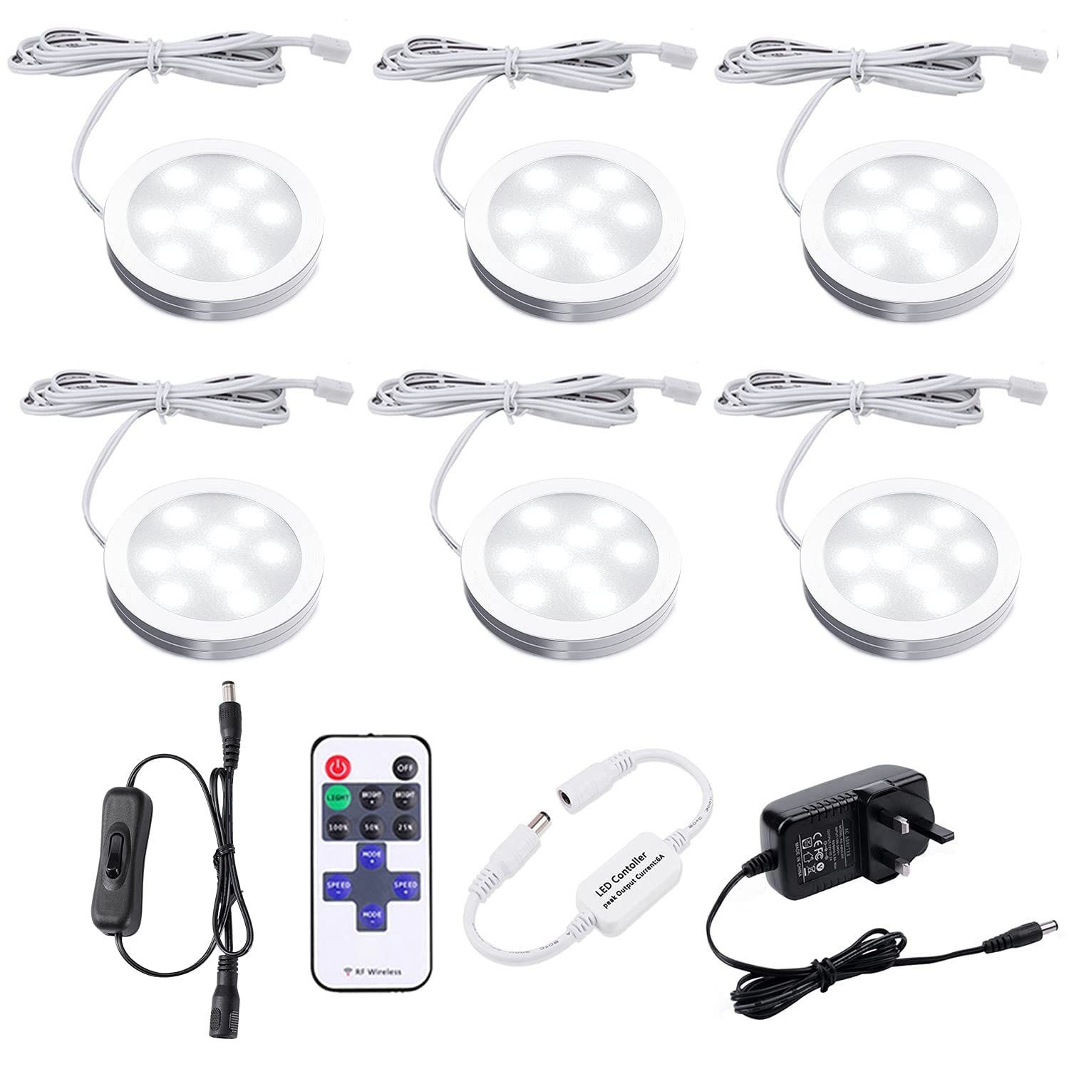 AIBOO LED Kitchen Under Cabinet Lighting Kit Dimmable with Wireless RF Remote,UK Plug,6 Pack Round Display 240V LED Puck Lights,6W Under Cupboard Counter Shelf Lights (6000K Daylight White)