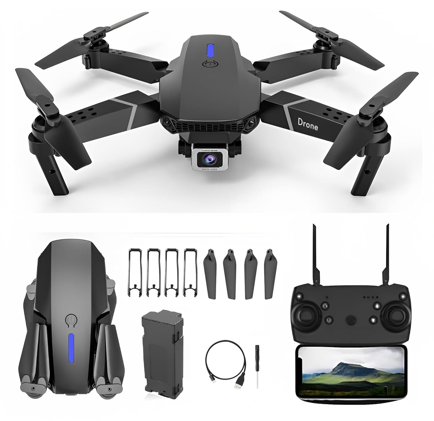 Bestonl Foldable Remote Control Drone with Camera HD Wide Angle Lens Optical Flow Positioning with 1800Mah Battery WiFi FPV 4-Axis Camera with Dual Flash Lights