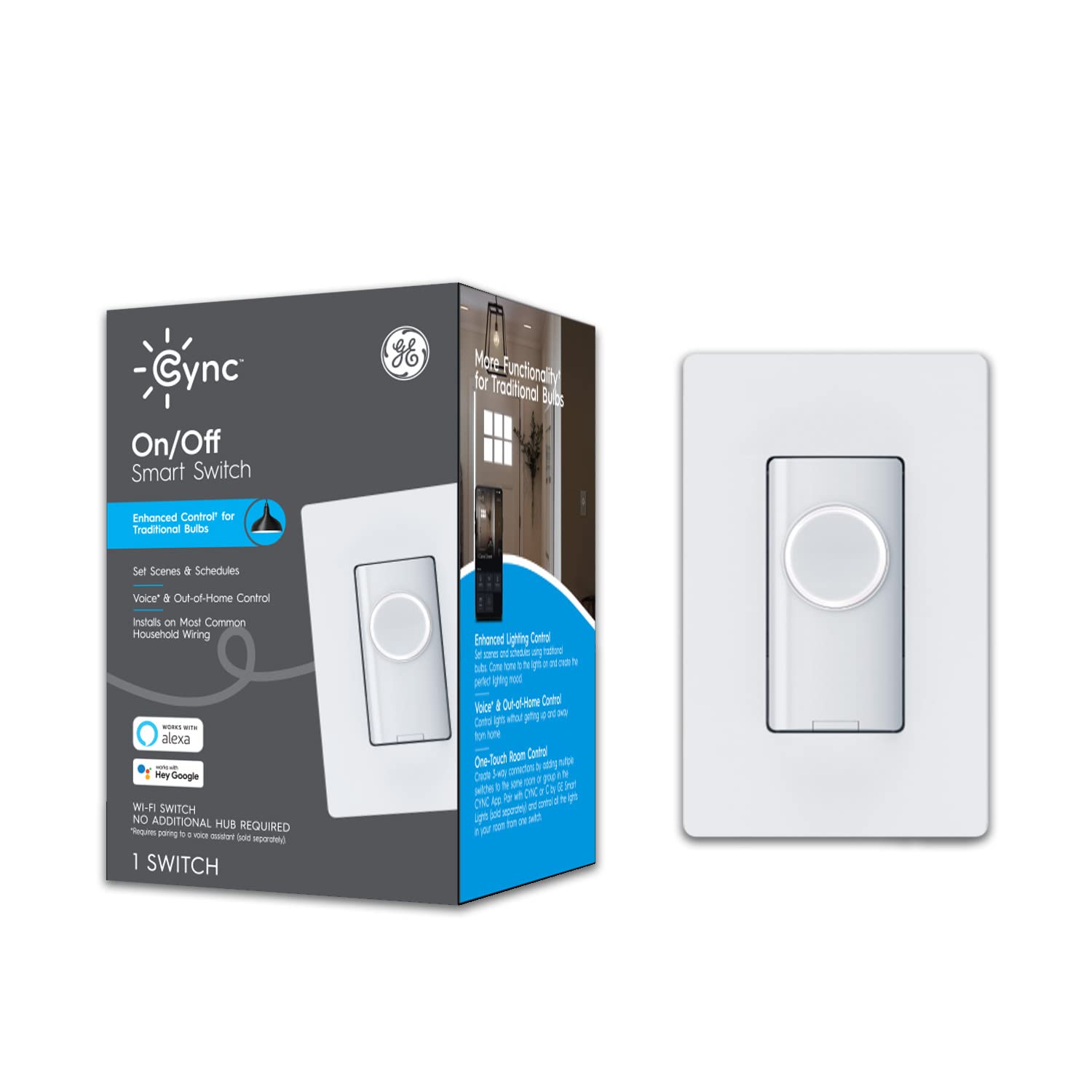 C by GE 3-Wire On/Off Button Style Smart Switch with Wi-Fi and Bluetooth, Alexa and Google Home Compatible Without Hub, Single-Pole/3-Way Smart Switch, White, 1-Pack (Packaging May Vary)