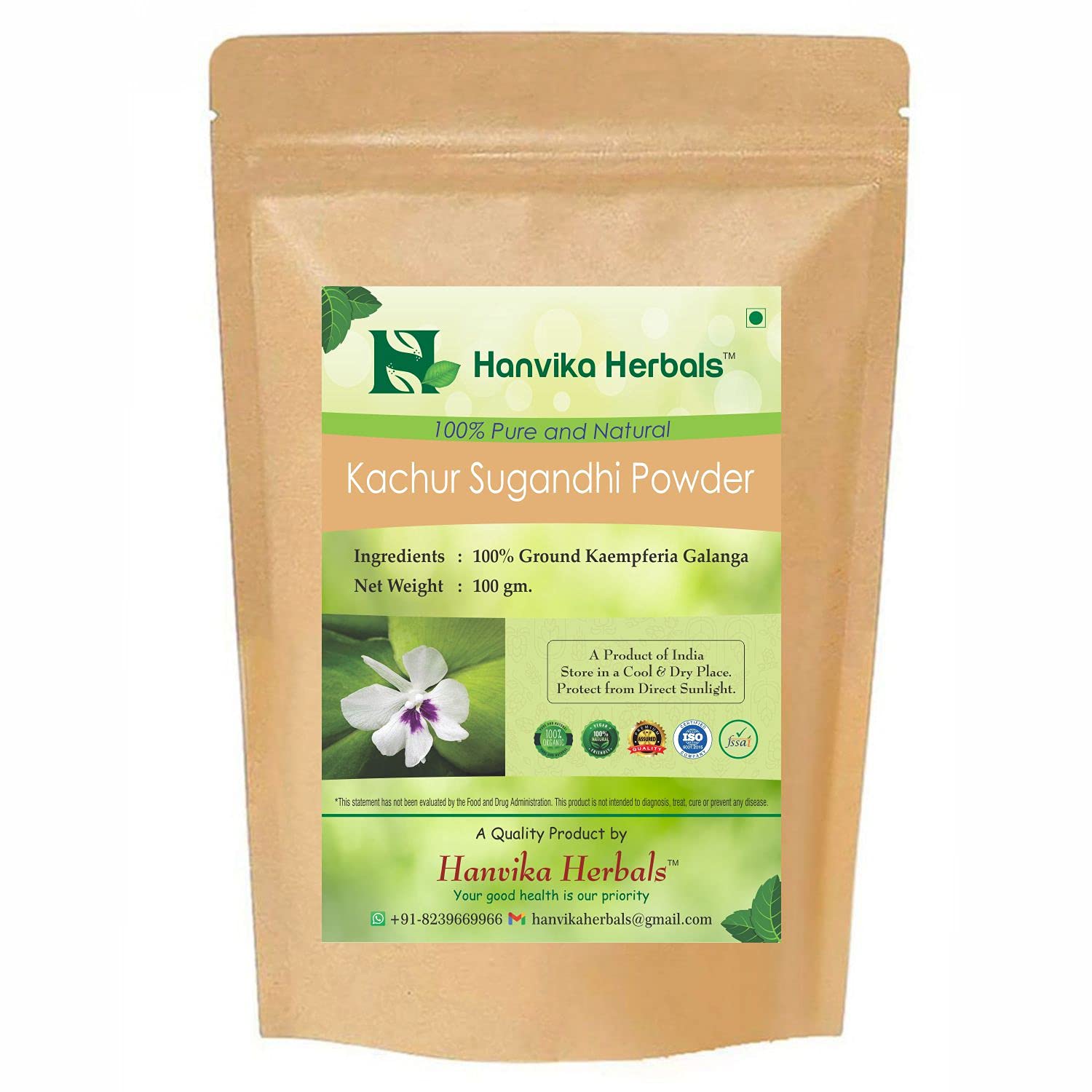 Hanvika Herbals Kachur Sungadhi Powder - 100% Ground Kaempferia Galanga (100 gm)