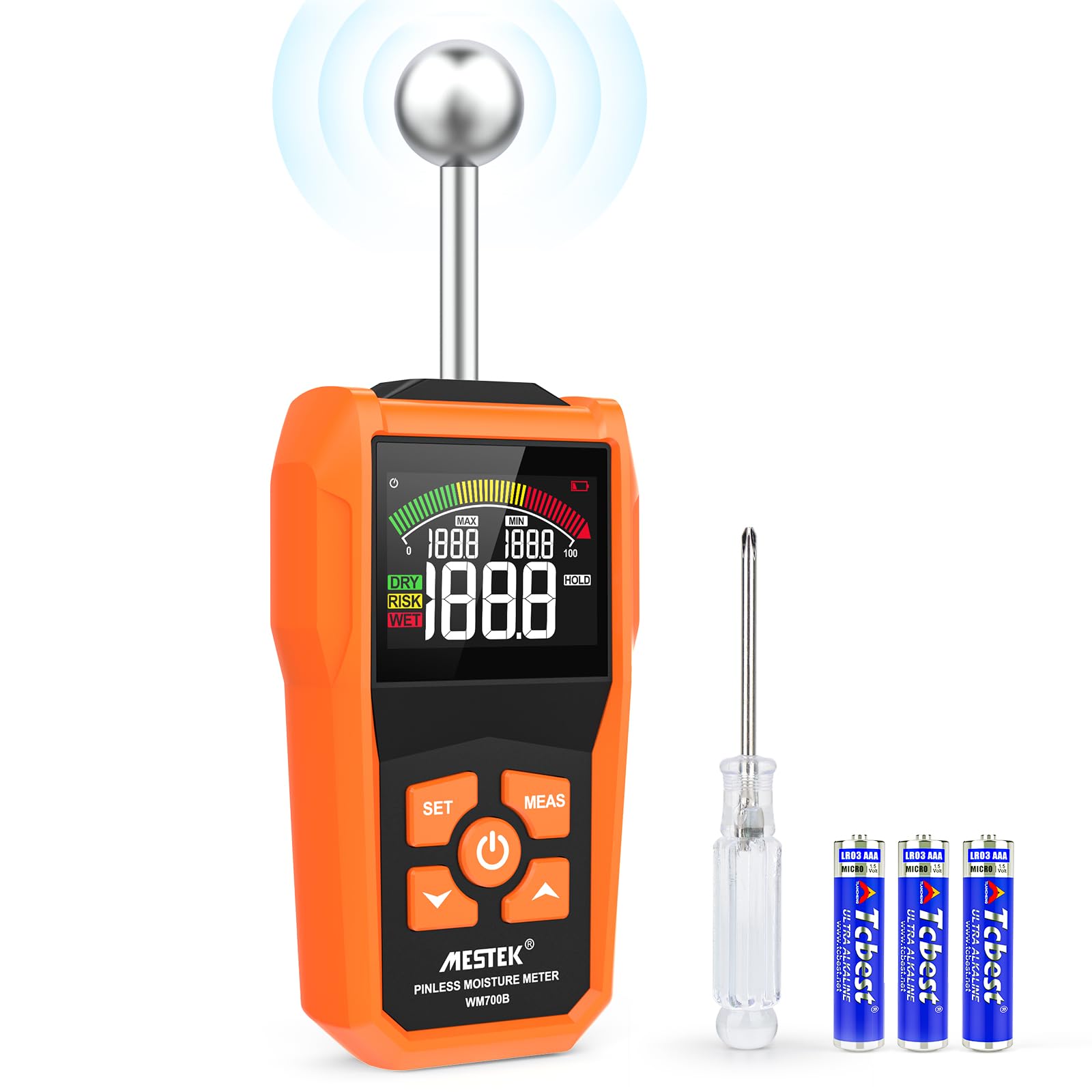 Moisture Meter MESTEK Damp Meter Pinless Moisture Meter 5-40 mm Depth of Analysis Humidity Meter with Digital Color LCD and Alarm for Building Materials, Wood, Masonry, Caravan, Walls