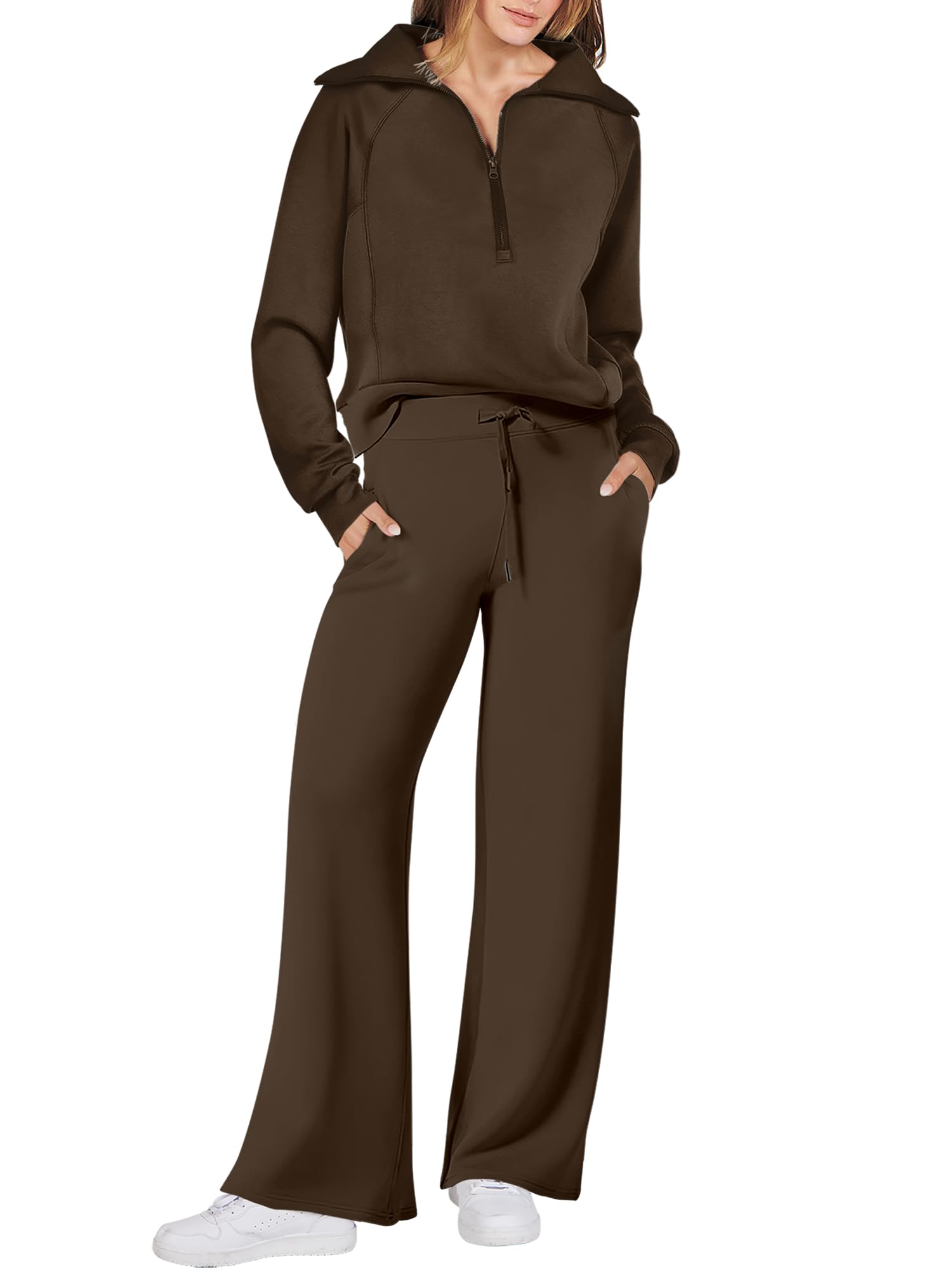 Caracilia Women Two Piece Outfits Sweatsuit Set Quarter Zip Oversized Sweatshirt Wide Leg Sweatpant Fall Lounge Set Tracksuit