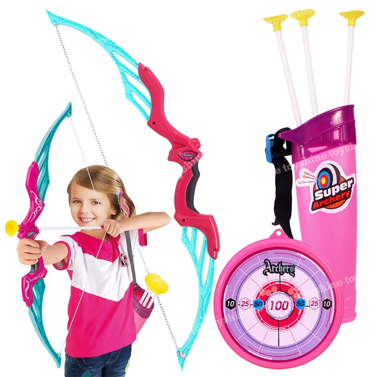 Toyshine Plastic Archer Bow and Arrow Set with Quiver and 3 Suction Arrows and Target (Pink, Big Size)