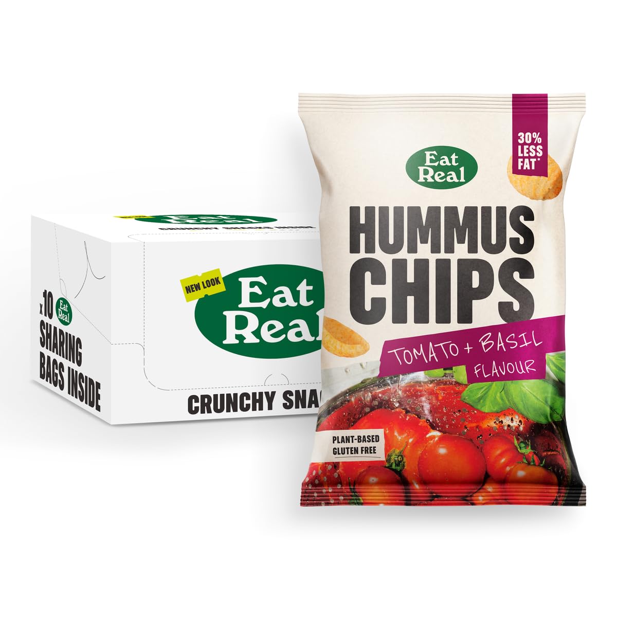 Eat Real, Hummus Chips, Tomato and Basil, 10 X 110g, Gluten-Free Crisps Multipack, Vegan-Friendly, Healthy Snacks, Plant-Based