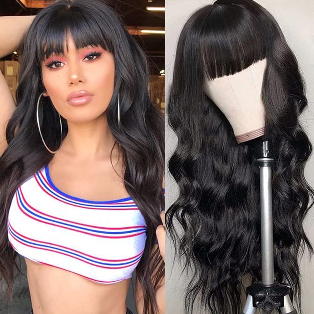 Natural Black Wigs with Full Bangs Long Body Wavy Hair Wig Heat Resistant Synthetic None Lace Wigs for Women 24 inch (Black)