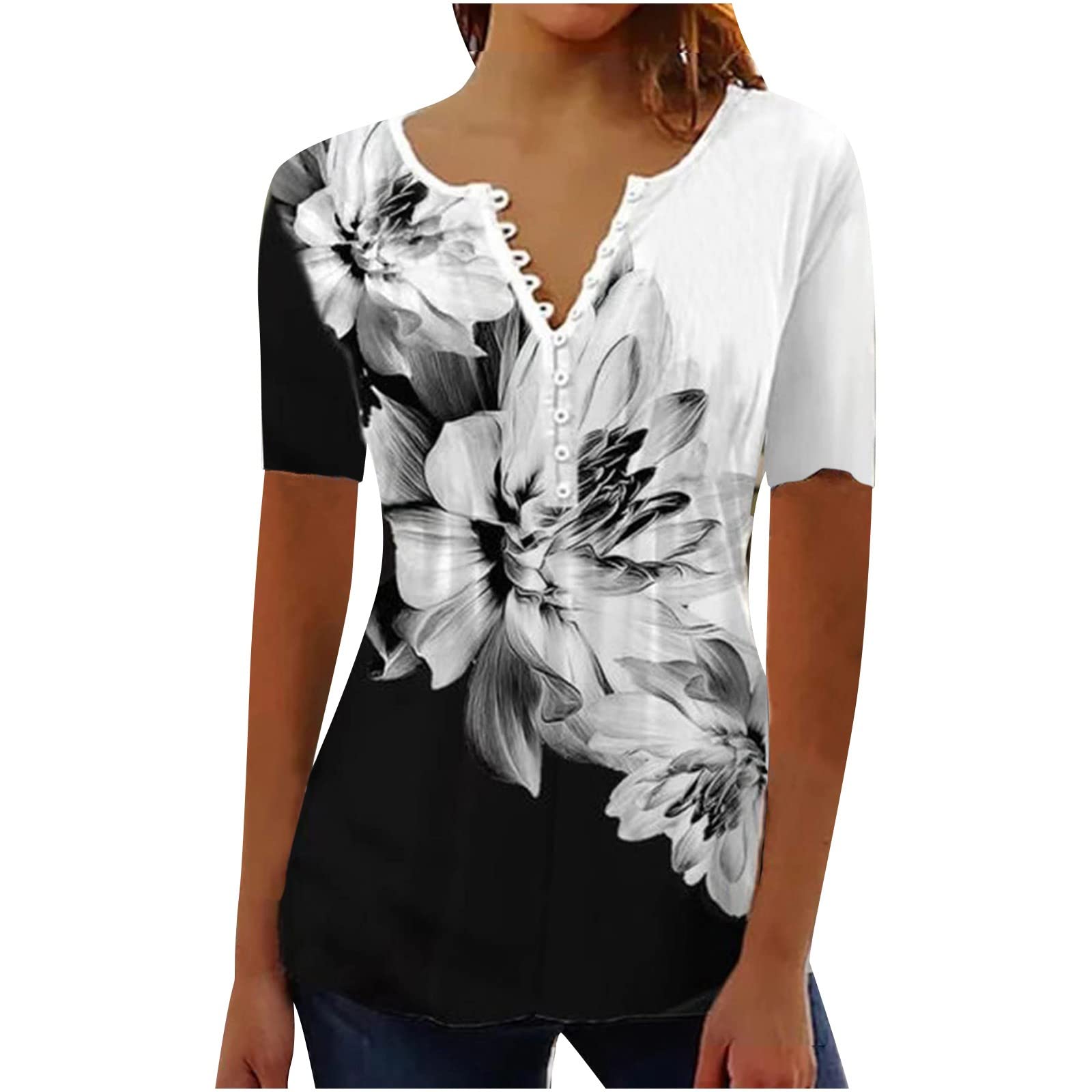 Summer Tops for Women 2025 Trendy Boho Floral Print Tunic Shirts Short Sleeve Button v Neck Tshirt Casual Loose Blouse