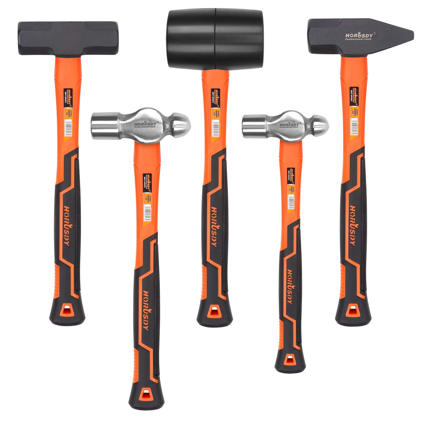 HORUSDY 5-Piece Hammer Set, 16oz Ball Pein Hammer | 32oz Ball Pein Hammer | 32oz Rubber Mallet | 3lb Sledge Hammer | 3lbCross Peen Hammer