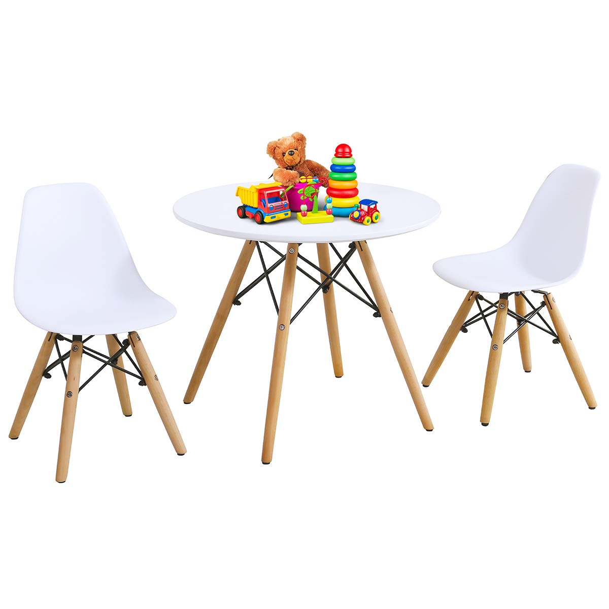 CostzonKids Table and Chair Set, 3-Piece Kids Mid-Century Modern Style Table Set with Wood Legs for Dining Drawing Playing, Toddler Table and Chairs (White, Table & 2 Chairs)