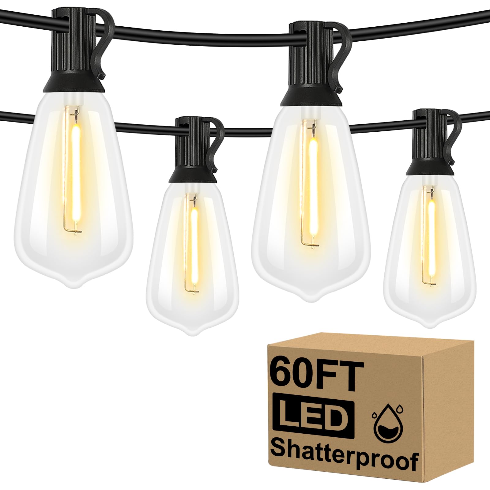 Brightever LED Outdoor String Lights 60FT Patio Lights with 32 Shatterproof ST38 Vintage Edison Bulbs, Outside Hanging Lights Waterproof for Porch, Deck, Garden, Backyard, Balcony, 2700K Dimmable