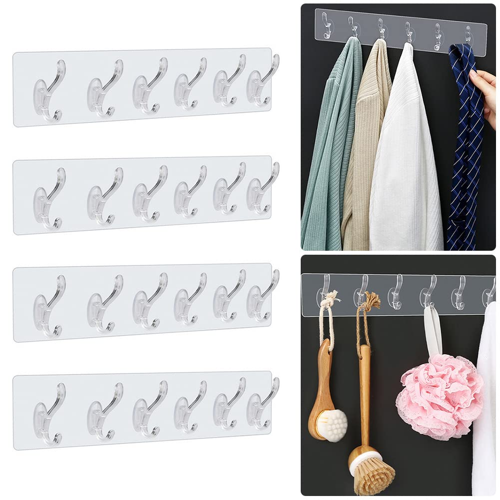 Coat Hooks Wall Mounted Heavy Duty, 24 Hooks Stick on Heavy Duty, Transparent Reusable Seamless Hooks Strong,Suitable for Bathroom Kitchen