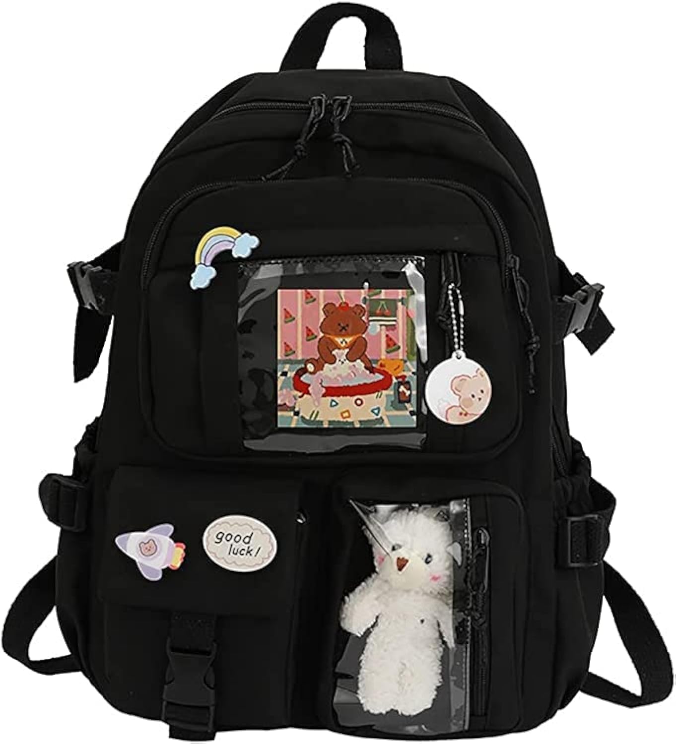 MTRoyaldiaKawaii Standard Backpack with Kawaii Pin and Accessories, Large Capacity Cute Bear Accessories Standard Backpack Kawaii School Bag for Teen Girls (Black)