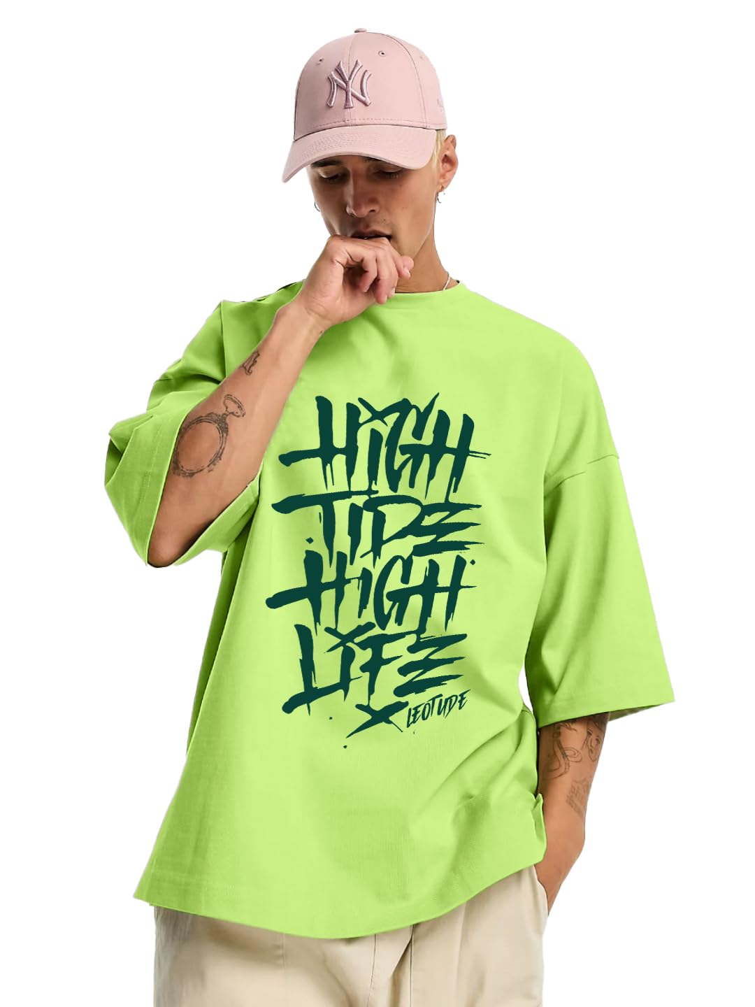 LEOTUDE Half Sleeve Oversized Tshirt for Men, Round Neck Drop Shoulder, Colorful Printed T-Shirt (Color Neon Green)