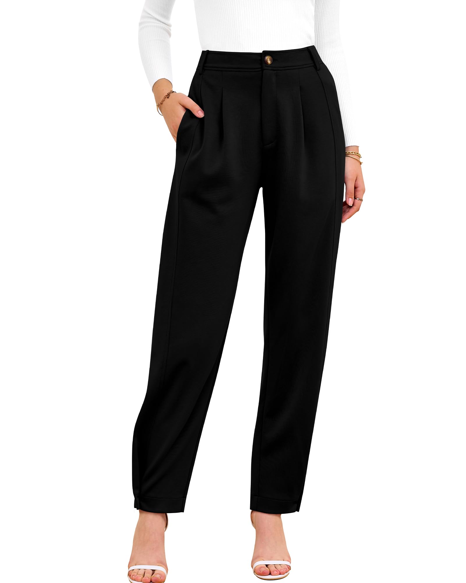 BTFBMWomen's 2024 Casual Button Down Pants Elastic High Waist Business Work Trousers Long Straight Slacks with Pockets