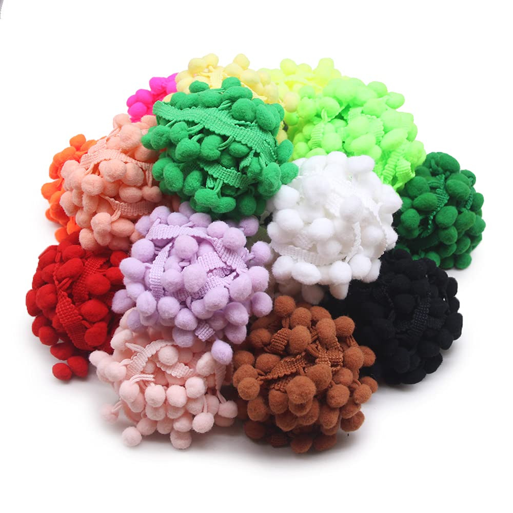 SEMINI 40 Yards Mix Color 10mm Pom Pom Trim Ball Fringe Ribbon Tassel DIY Sewing Accessory Lace for Home Party Decoration