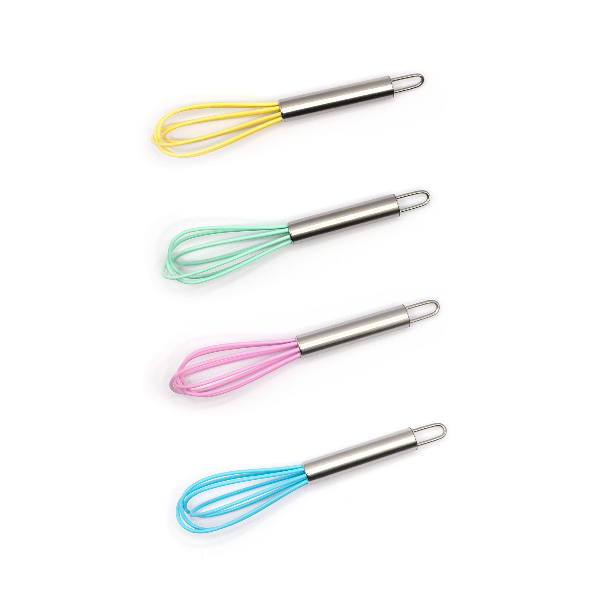 Mini Whisks 6 inch 4Pcs silica gel stainless steel Whisk, Hand Egg Mixer for Flour Cake Egg, Kitchen Cooking Baking Use Whisk （purple，yellow，cyan，blue）