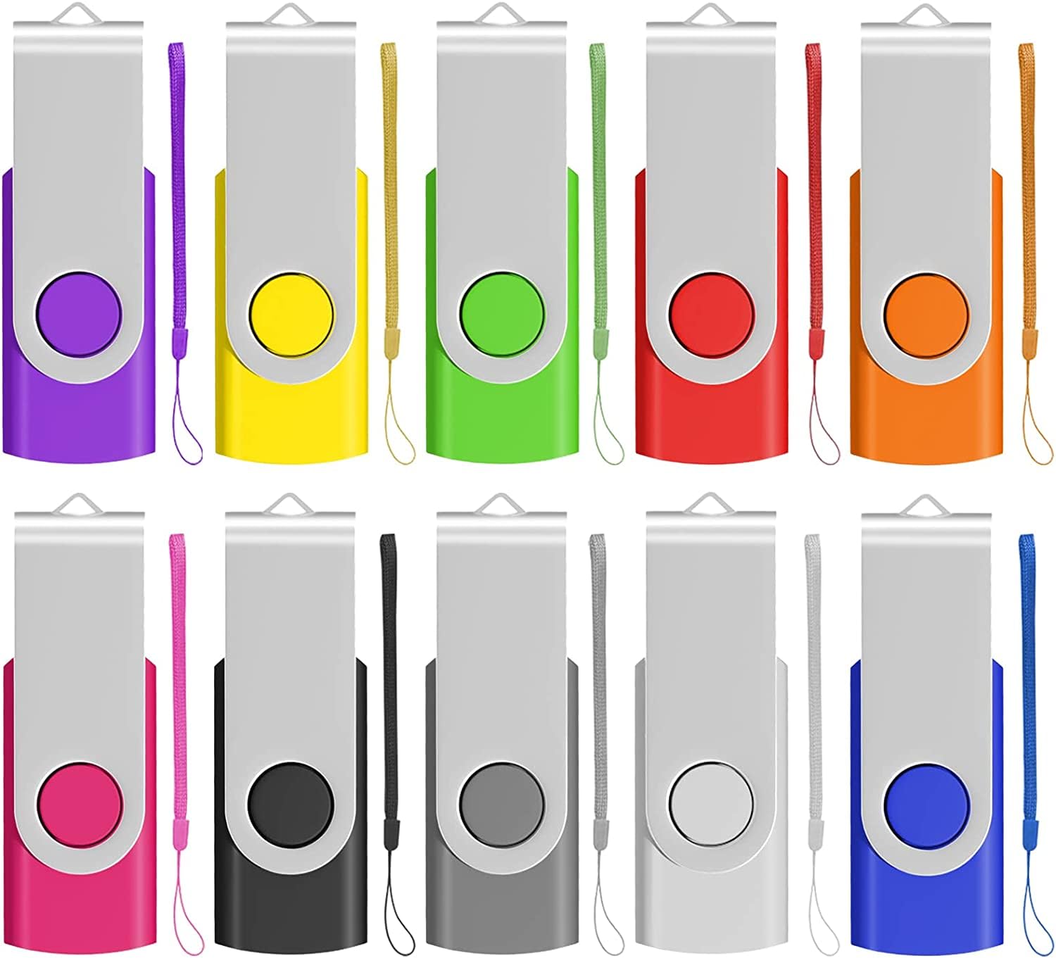 EASTBULL Memory Stick 2GB USB 10Pack, USB 2.0 Thumb Flash Drives Swivel Design Pen Memory Stick Fold Storage (10 Mixed Color With Lanyard)