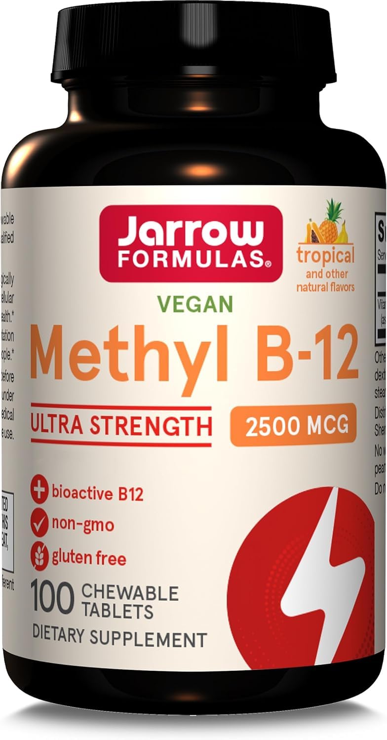 Jarrow Formulas Methyl B-12, Methylcobalamin, 2500mcg, 5 Day Depot, Tropical Flavor, 100 Vegan Tablets, Gluten Free, Vegetarian, Soy Free, GMO Free