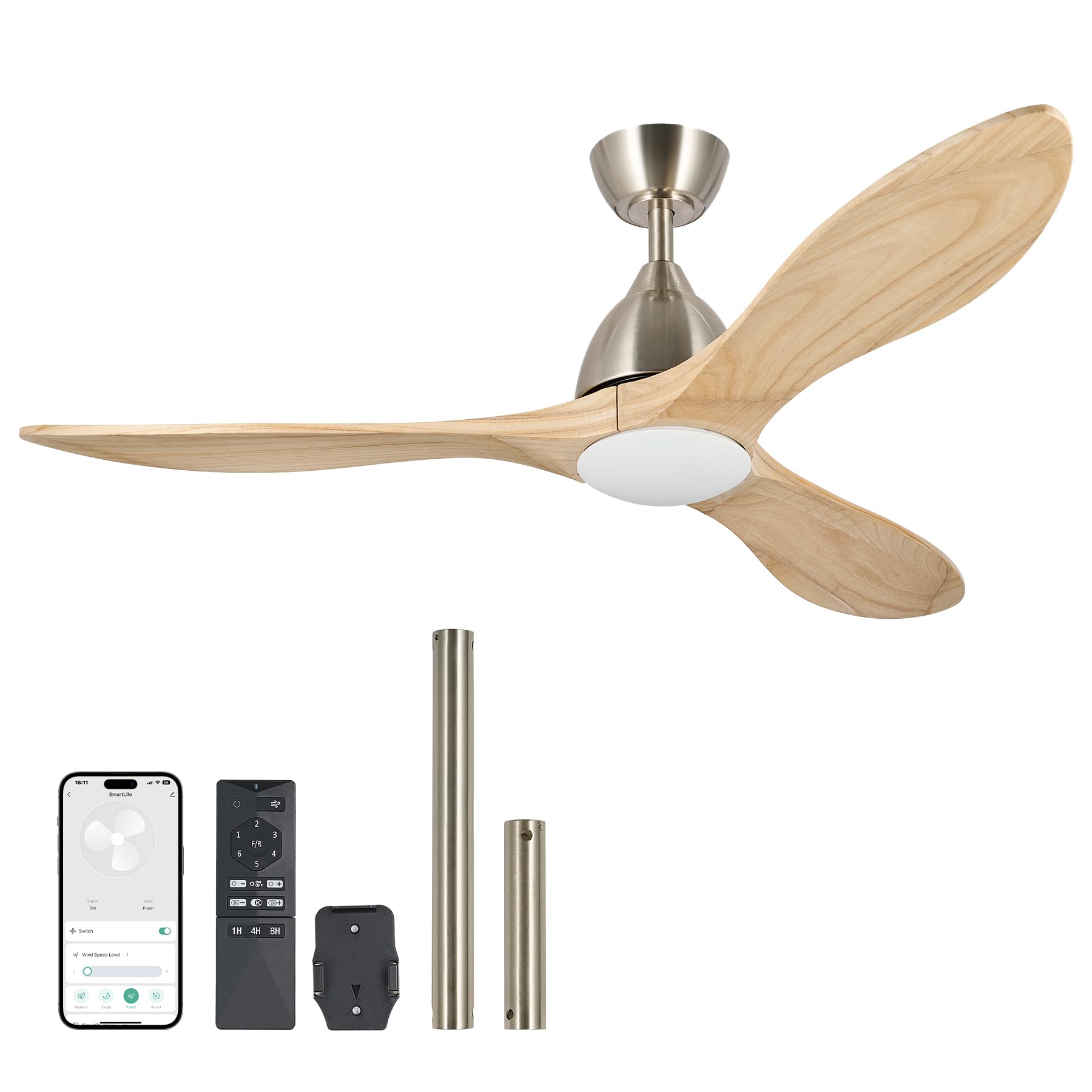 VONLUCECeiling Fans with Lights, 52 inch Smart Ceiling Fan with Remote/APP/Alexa Control, 3 Blades, 6 Speeds, Reversible DC Motor, Noiseless, Wood Ceiling Fan for Bedroom, Farmhouse, Nickel