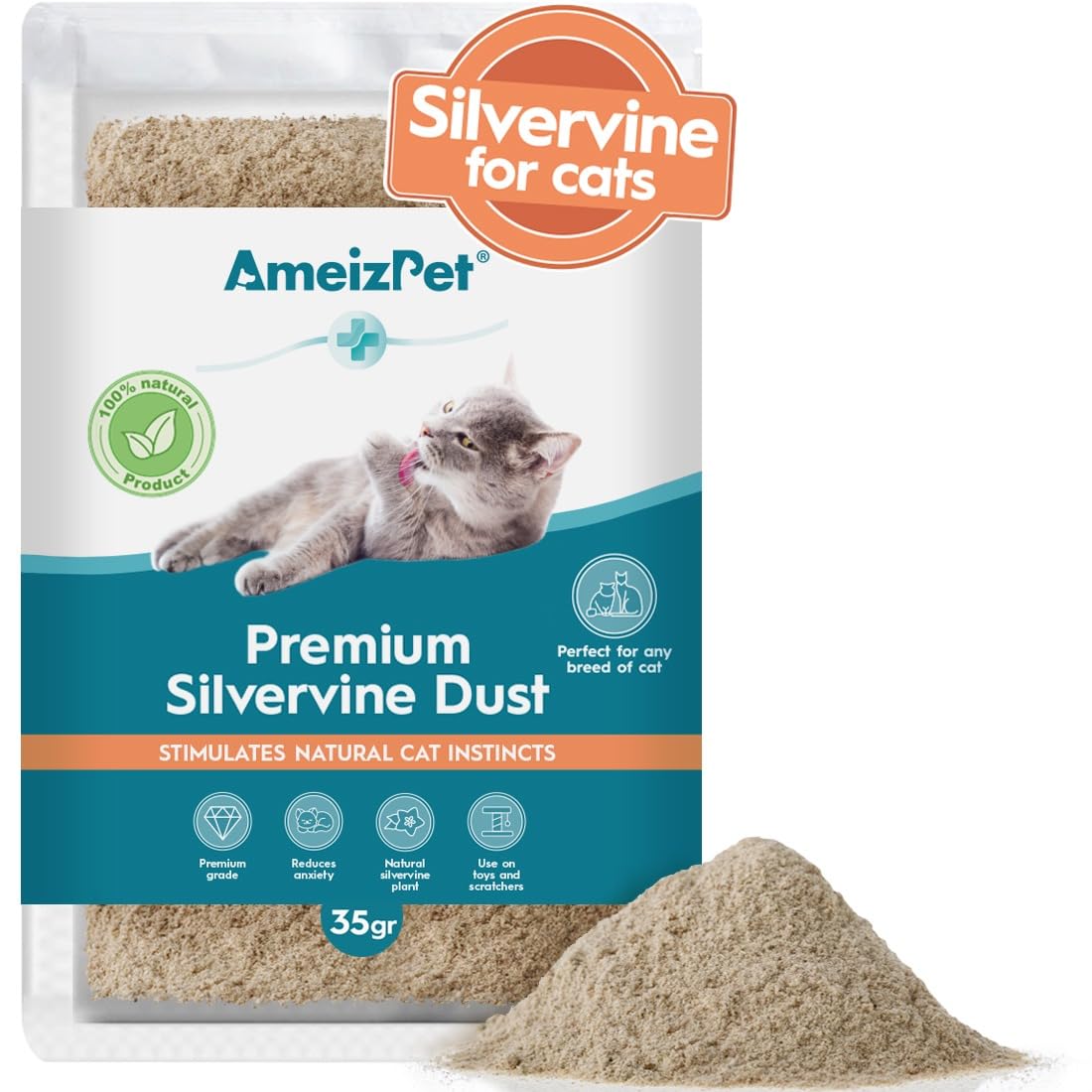 Silvervine Dust for Cats, Catnip Alternative for Training & Play, Cat & Kitten Behaviour Dust 35g (0.08 Oz)