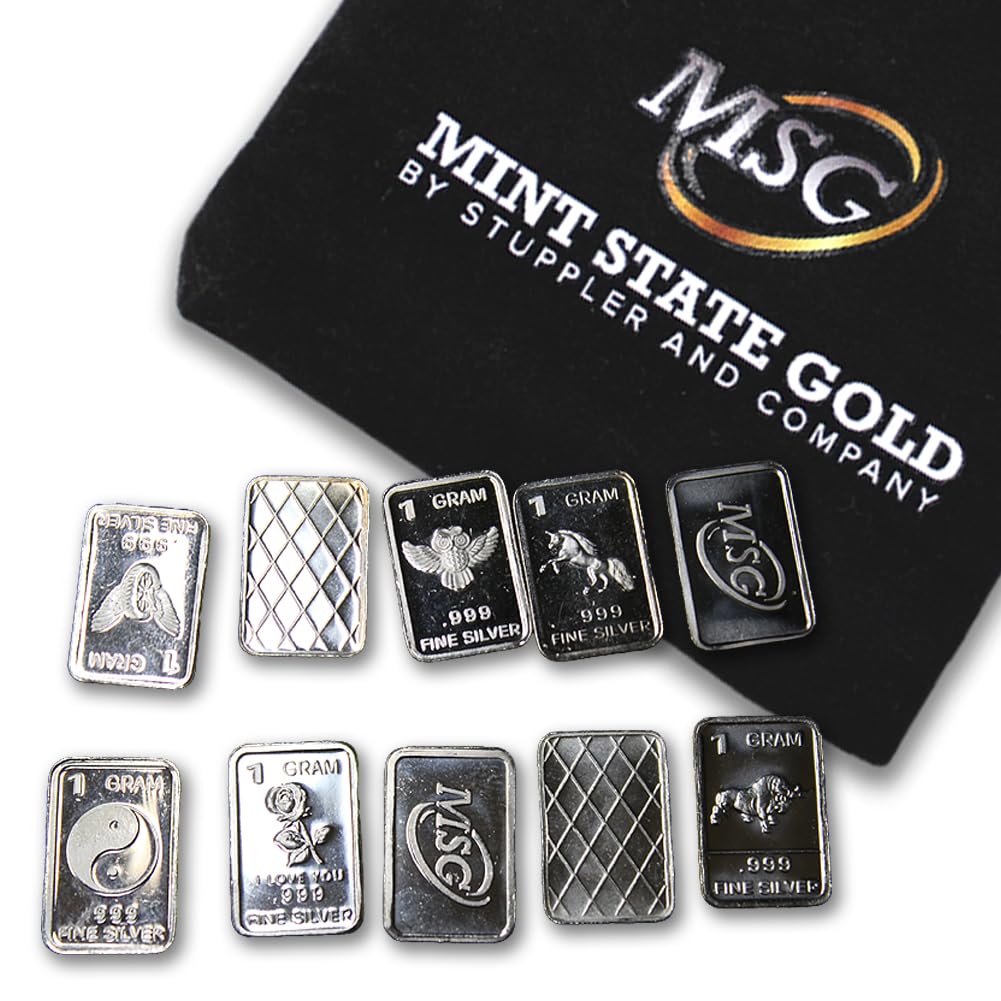 Ten (10) One Gram .999 Pure Silver Bars with Random Designs in a Jewelry Pouch by Mint State Gold