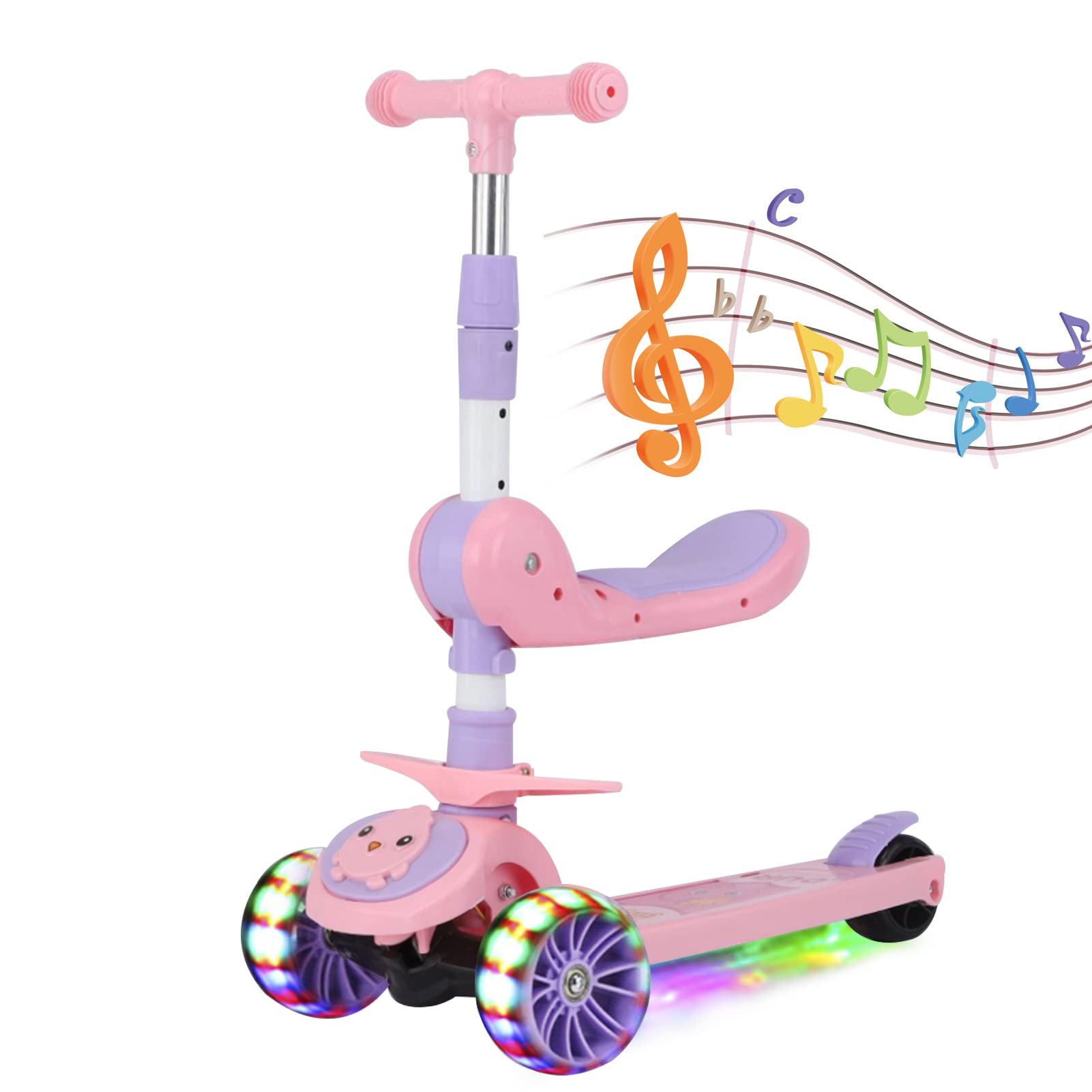 Beauenty Scooters with LED Light Up Wheels.Kids Scooters Lean to Steer,With Brake,Music,Seat.Kick Scooter Adjustable Handlebars,Sit or Stand Ride for Ages 2-12 Years Old