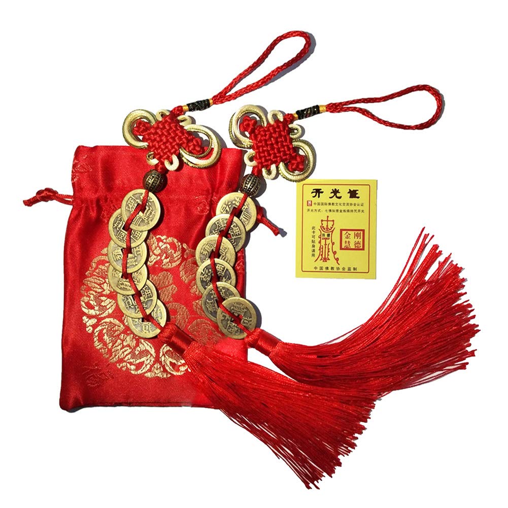 Homer-wa Chinese Feng Shui Money Coins Lucky with Handmade Red Enless Knot Decoration for Wealth and Success Chinese Year - 2 Sets of 6 Coins Office Decorations