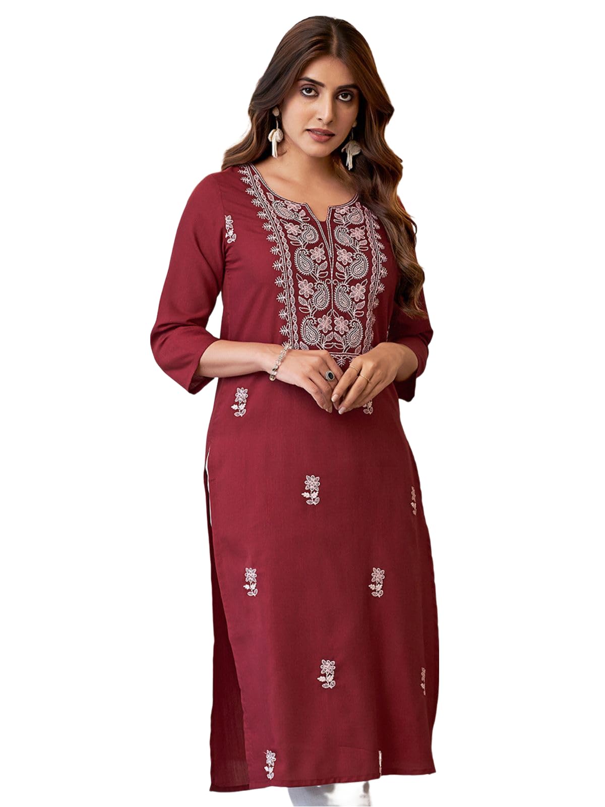 SanisaWomen's Cotton Blend Chikankari Embroidered Straight Kurti