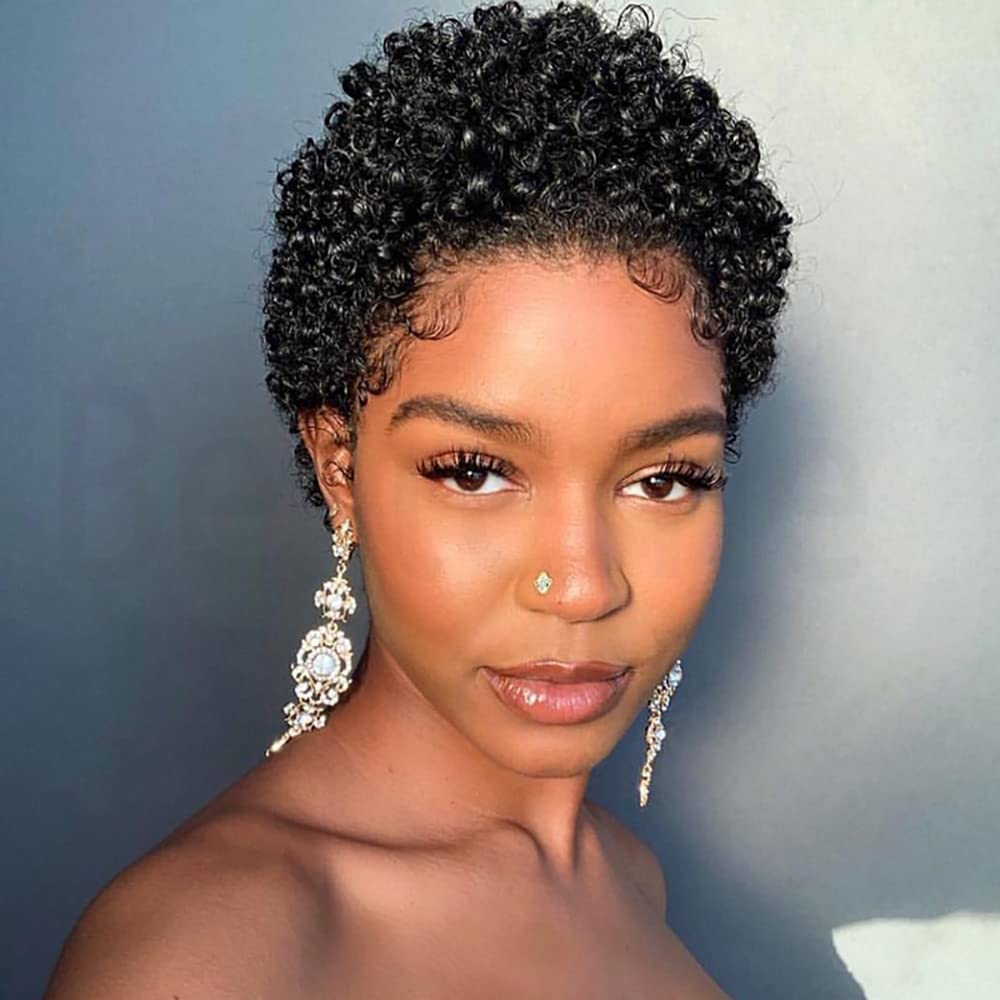 Besteffie Short Afro Kinky Curly Wigs For Black Women Human Hair Wig Pixie Cut Wig Natural Black Color 100% Brazilian Virgin Hair Short Human Hair Curly Wigs