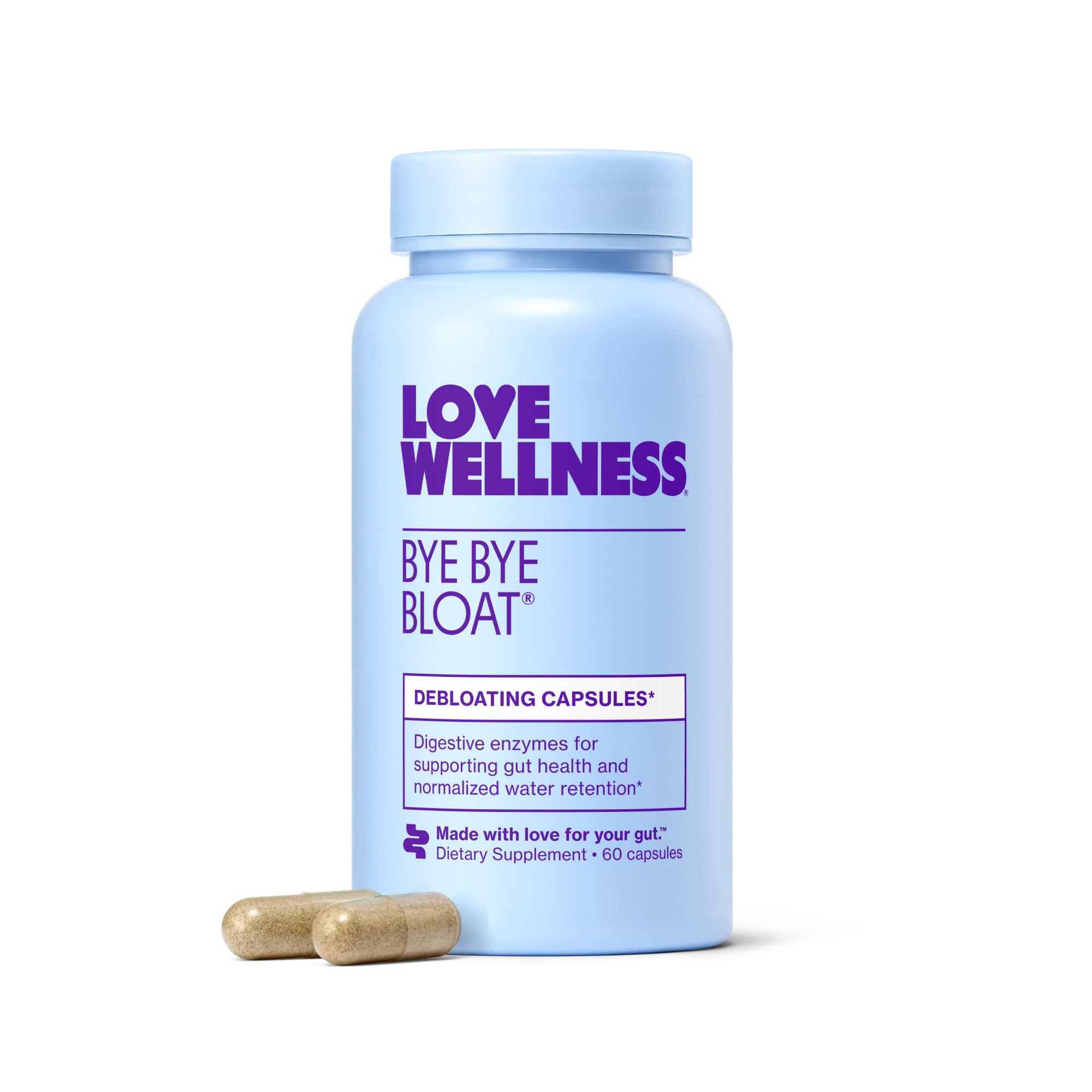 Love Wellness Bye Bye Bloat | Digestive Enzymes for Fast Acting Bloating Relief for Women | Helps Reduce Water Retention & Gas Relief | Supports Digestive Health with Fenugreek & Dandelion | 60 Count