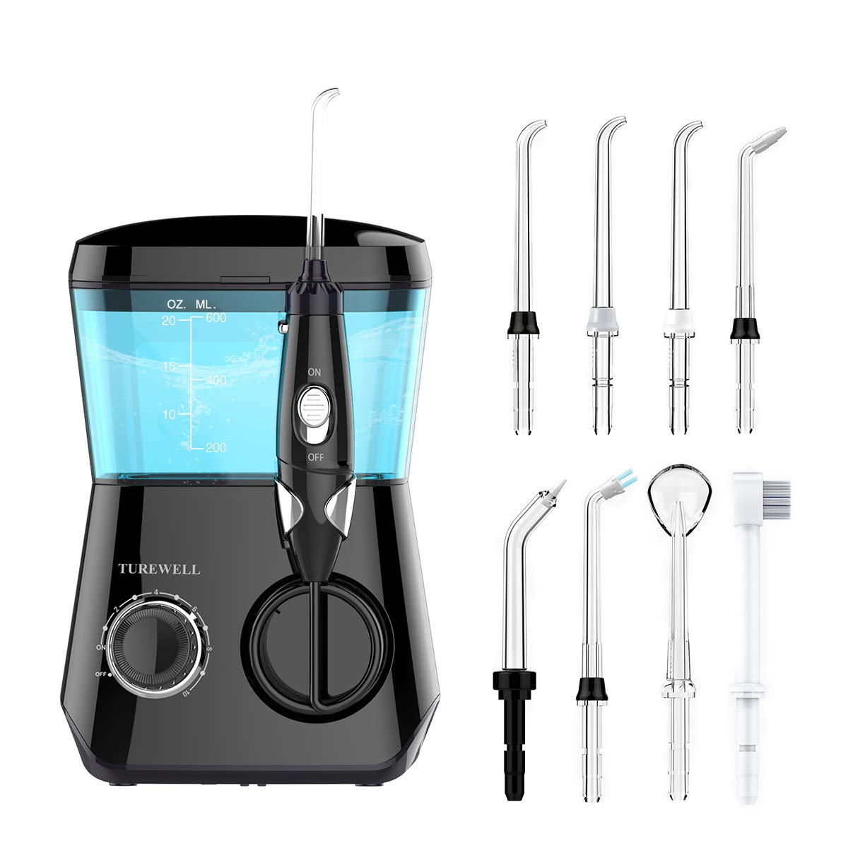 TUREWELL Water Flossing Oral Irrigator, 600ML Dental Water Teeth Cleaner 10 Adjustable Pressure, Electric Oral Flosser for Teeth/Braces, 8 Water Jet Tips for Family (Black)