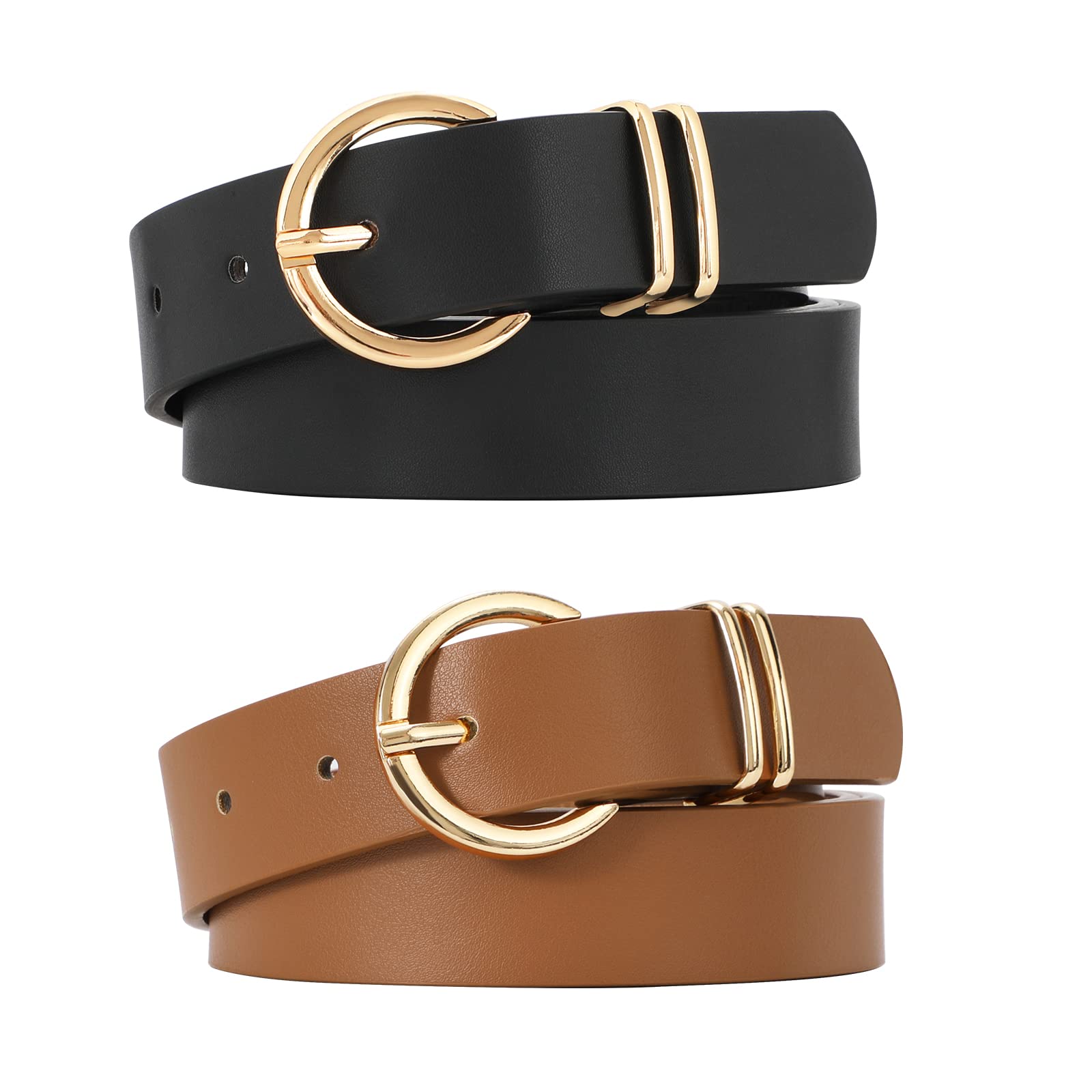 JASGOODWomen’s Leather Belts for Jeans Dresses Fashion Gold Buckle Ladies Waist Belt,2 Pack