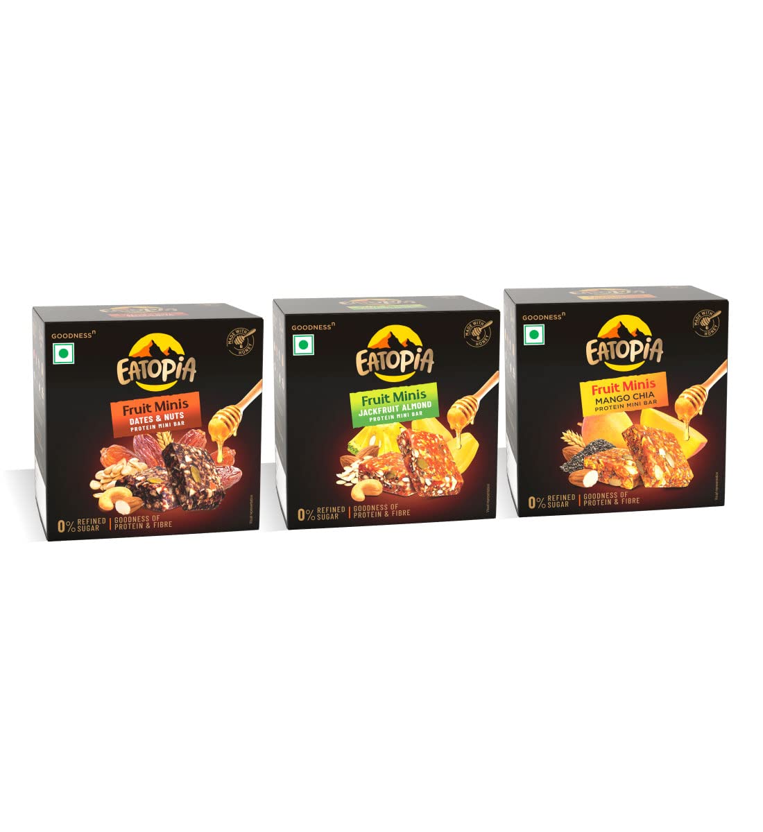 Eatopia Fruit Minis Energy Box - 1 Mango Chia, 1 Jackfruit & 1 Dates (3x100 gm) | Dry Fruits Protein Bars with Oats & Honey, Nuts & Seeds & No Artificial/Chemical | Sugar Free Healthy Breakfast Snacks