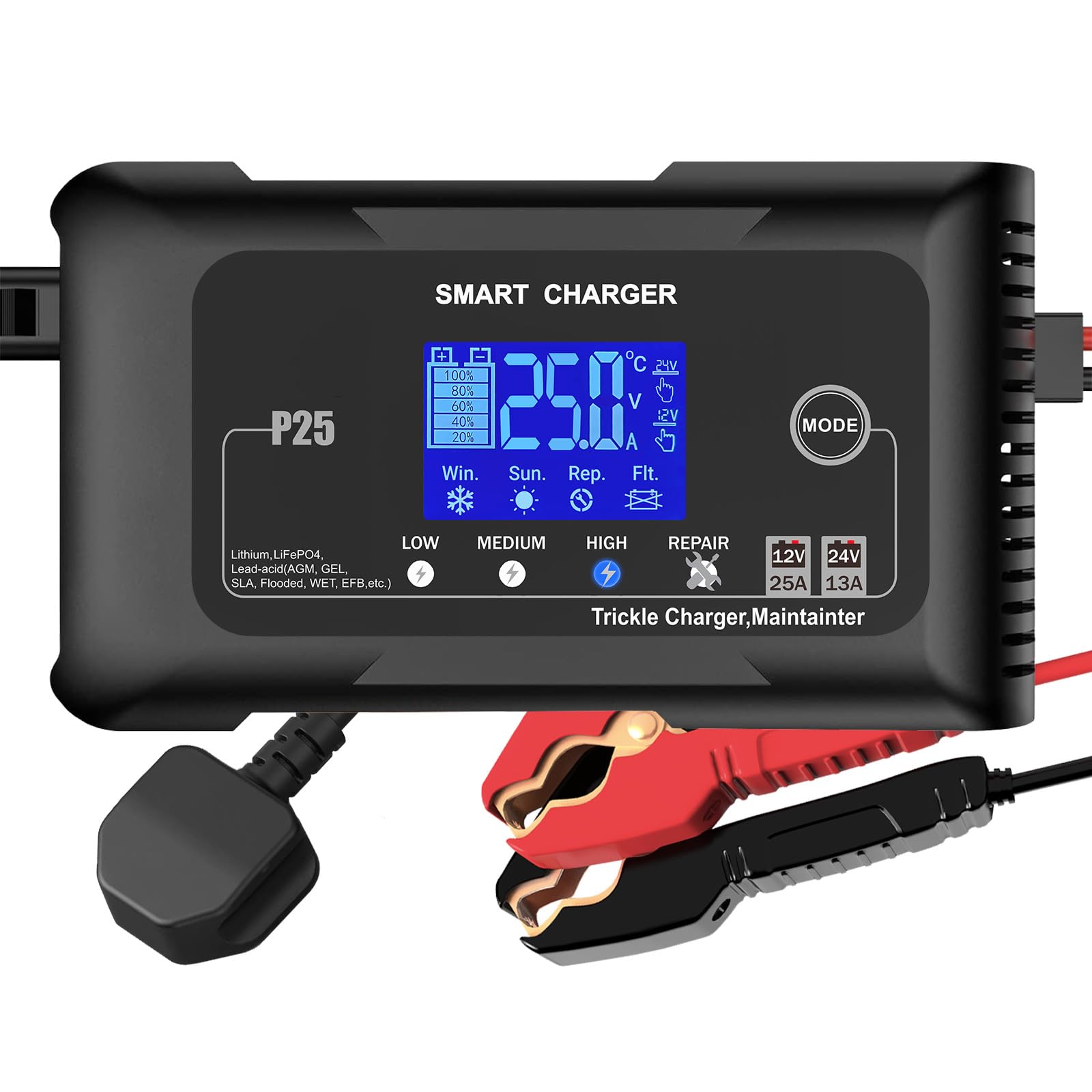 25A Car Battery Charger 12V/24V LiFePO4 Battery Charger, Battery Maintainer and Battery Desulfator with LCD Screen for Boat SUV Motorcycle Lithium and Lead-Acid(AGM, GEL, MF, EFB, SLA, Etc) Batteries