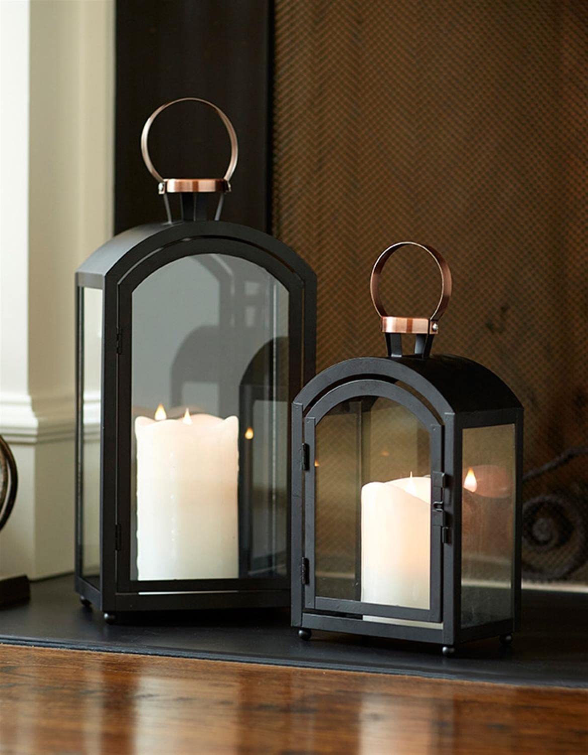 Melrose Black & Copper Lanterns (set of 2), Metal and Glass