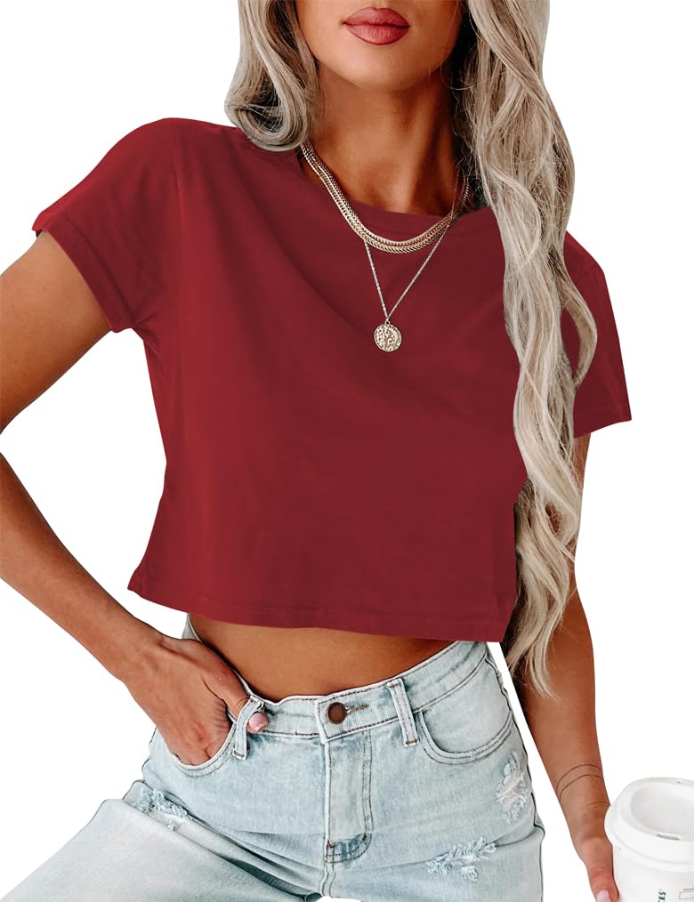 AoangWomens Summer Cropped T-Shirts Short Sleeve Crop Tops Casual Crewneck Loose Tee Shirts Trendy