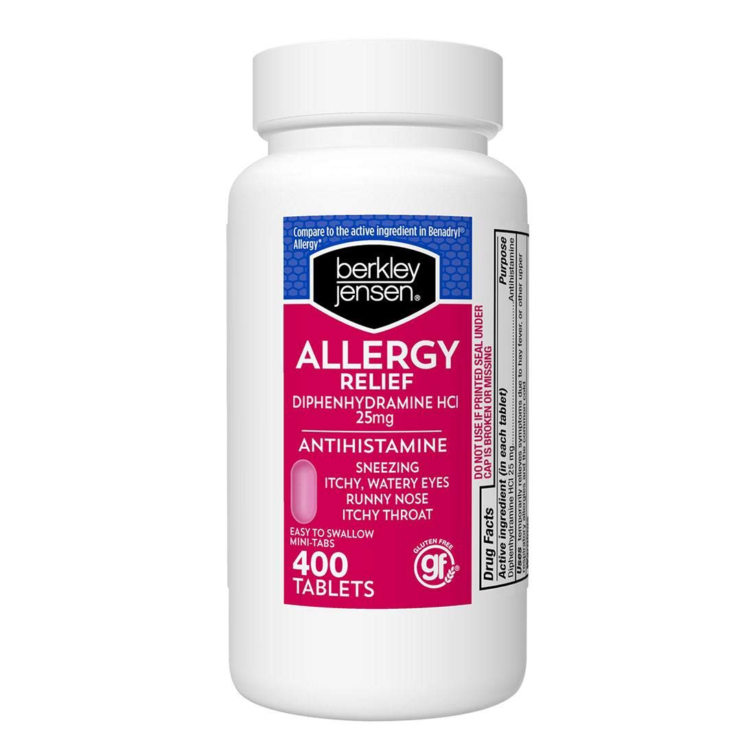 berkley jensenAllergy Relief Tablets - 25mg Diphenhydramine HCI - Allergy Medicine to Temporary Relieve Sneezing, Watery Eyes, Runny Nose, Itchy Throat - Easy-Swallow, 400 Tablets (Pack of 1)