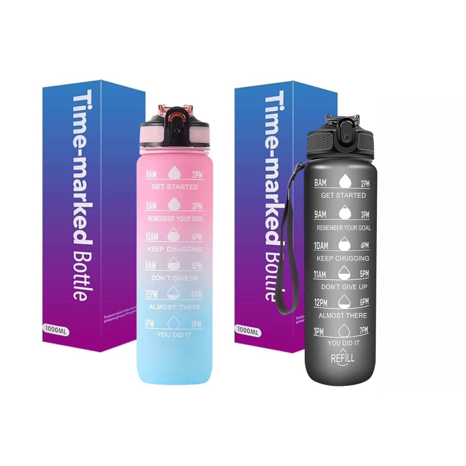 Two 1L Motivational Time Marker Water Bottle with Straw | BPA-Free Tritan Plastic | For Kids, Fitness, Office, Outdoor Sports | Leak-Proof (Pink & Black (1L*2Bottles))