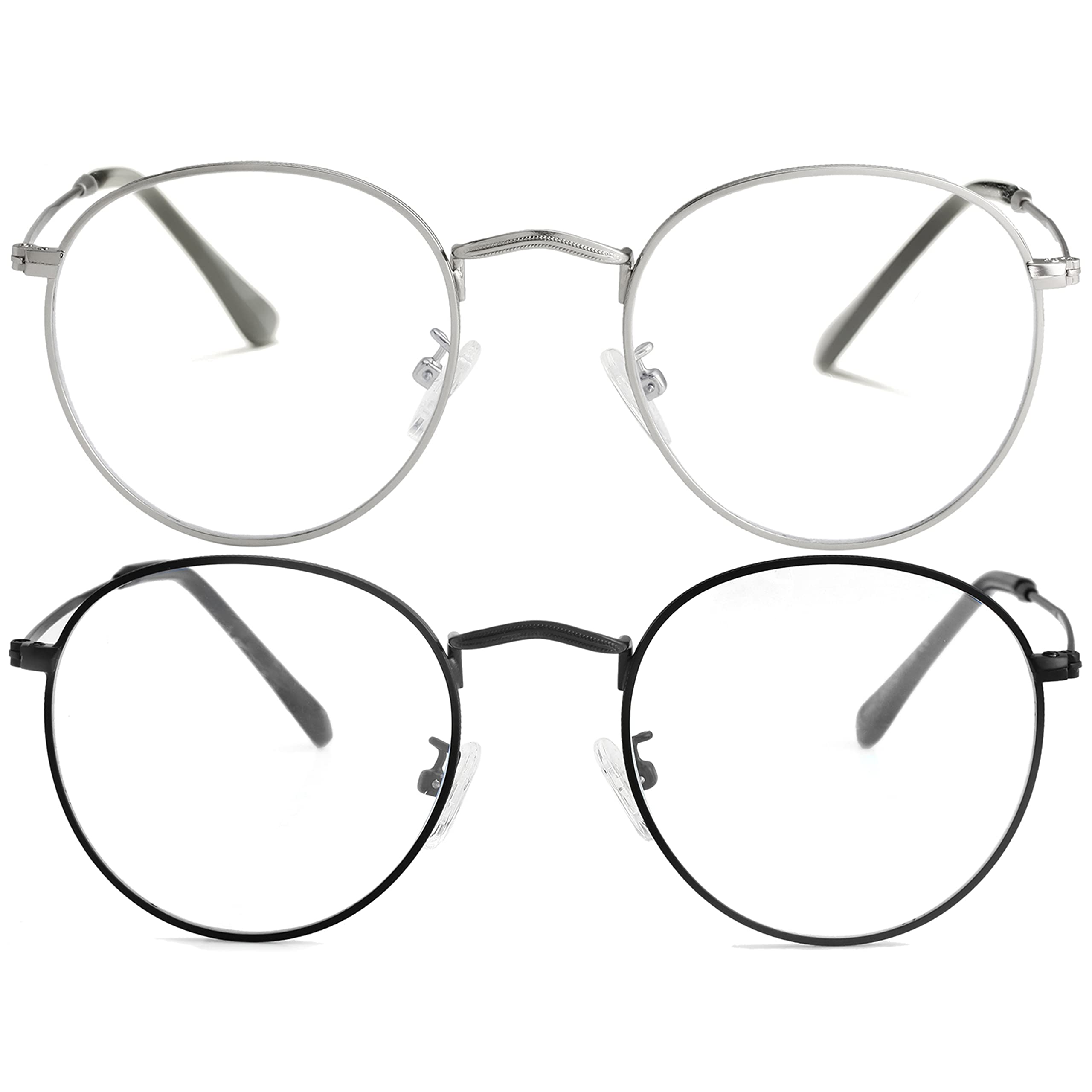 KursanClassic Round Clear Lens Glasses for Women Men Circle Metal Frame Non-Prescription Eyeglasses (Silver + Black)