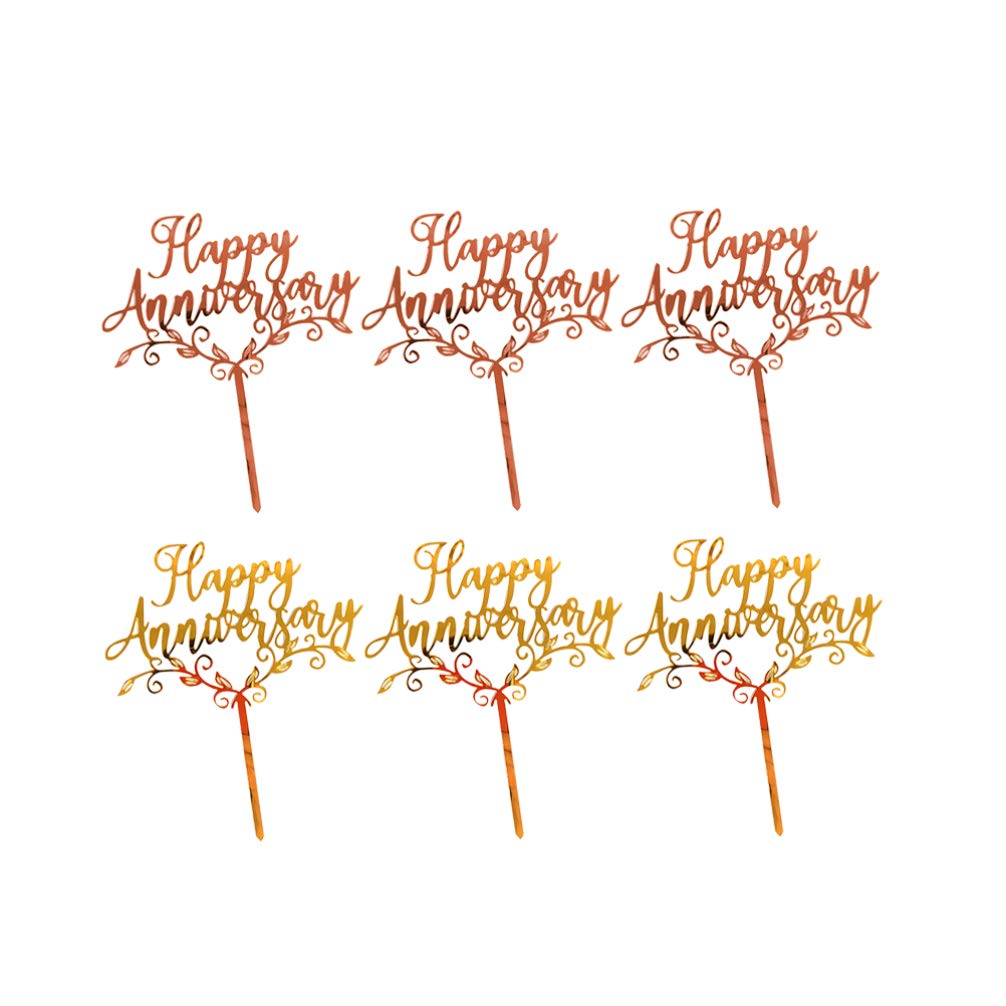 TOYANDONA Happy Anniversary Cake Topper Rose Gold Golden Glitter Acrylic Anniversary Birthday Cupcake Topper for Wedding Birthday Party Decoration 6PCS