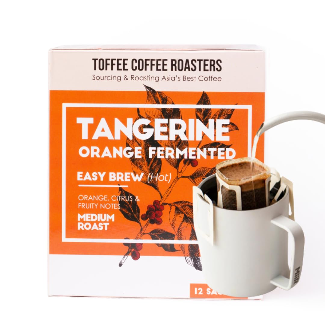 Toffee Coffee Roasters | Tangerine Fermented Coffee | Medium Roast Easy Brew Grounded Coffee (Hot Brew) | Pack of 12 Sachets | Easy to Brew Pour Over Coffee | Orange & Citrus Coffee Notes